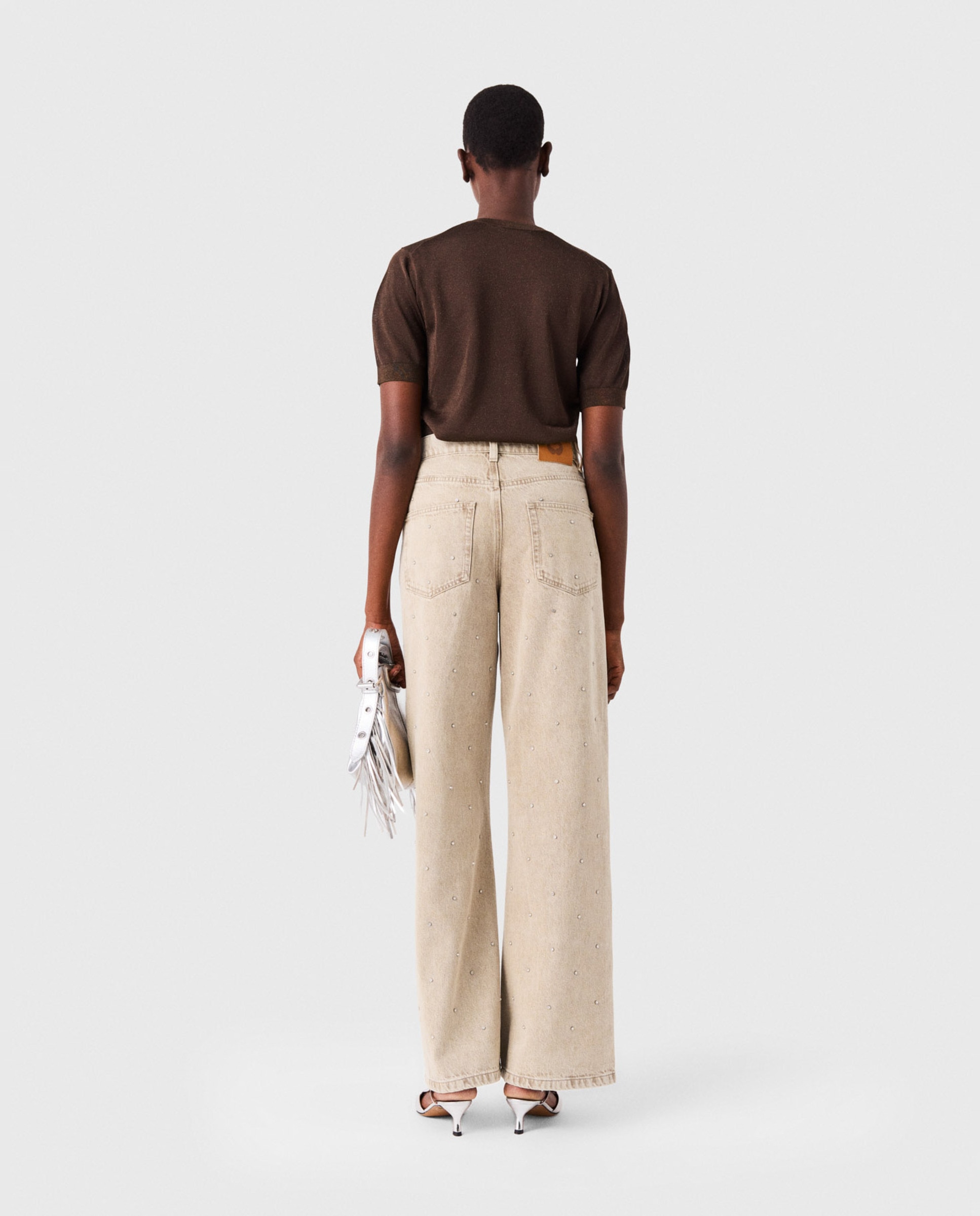 Vaquero de mujer ancho de algodón con strass - Maje - Beige Beige-3