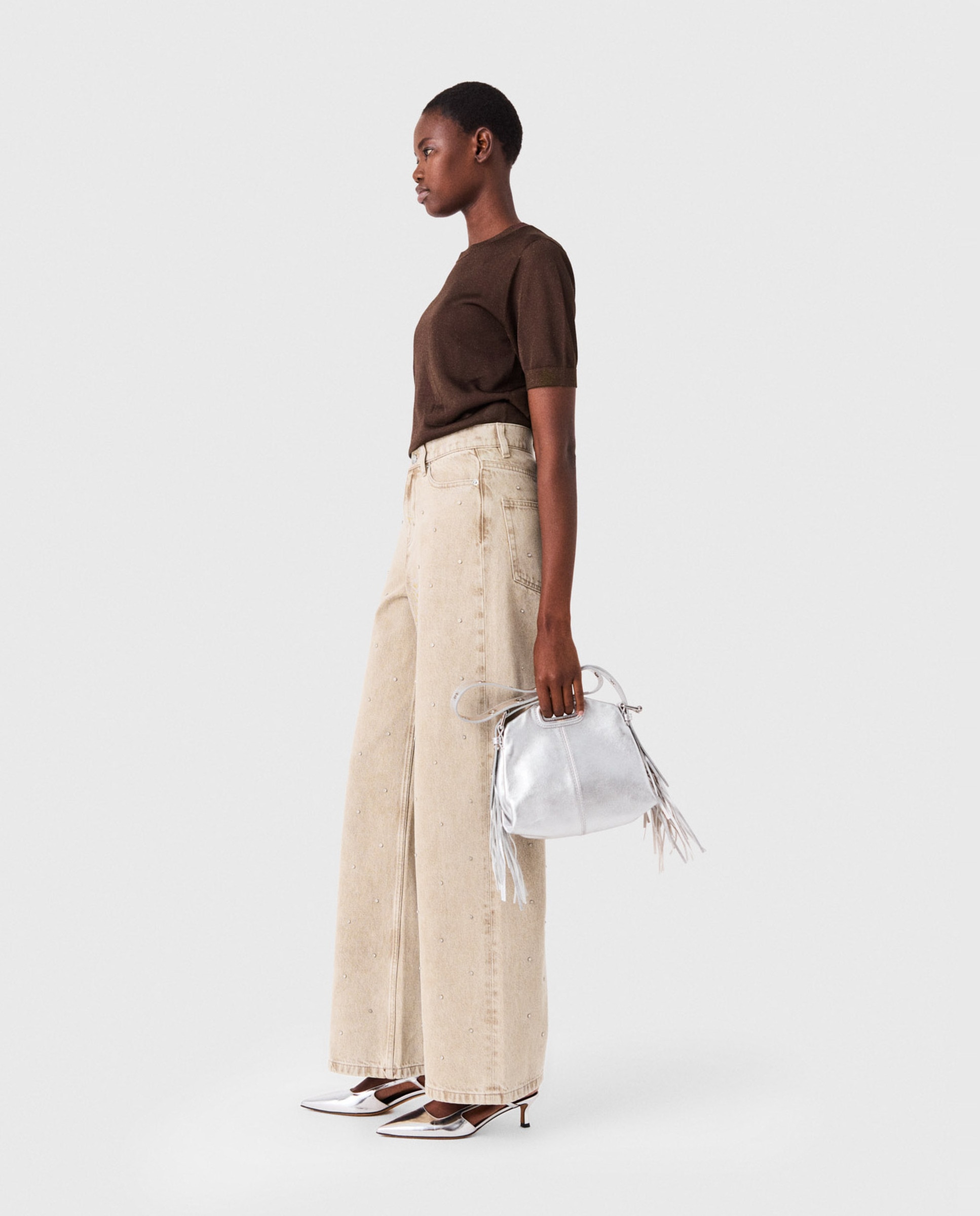 Vaquero de mujer ancho de algodón con strass - Maje - Beige Beige-4