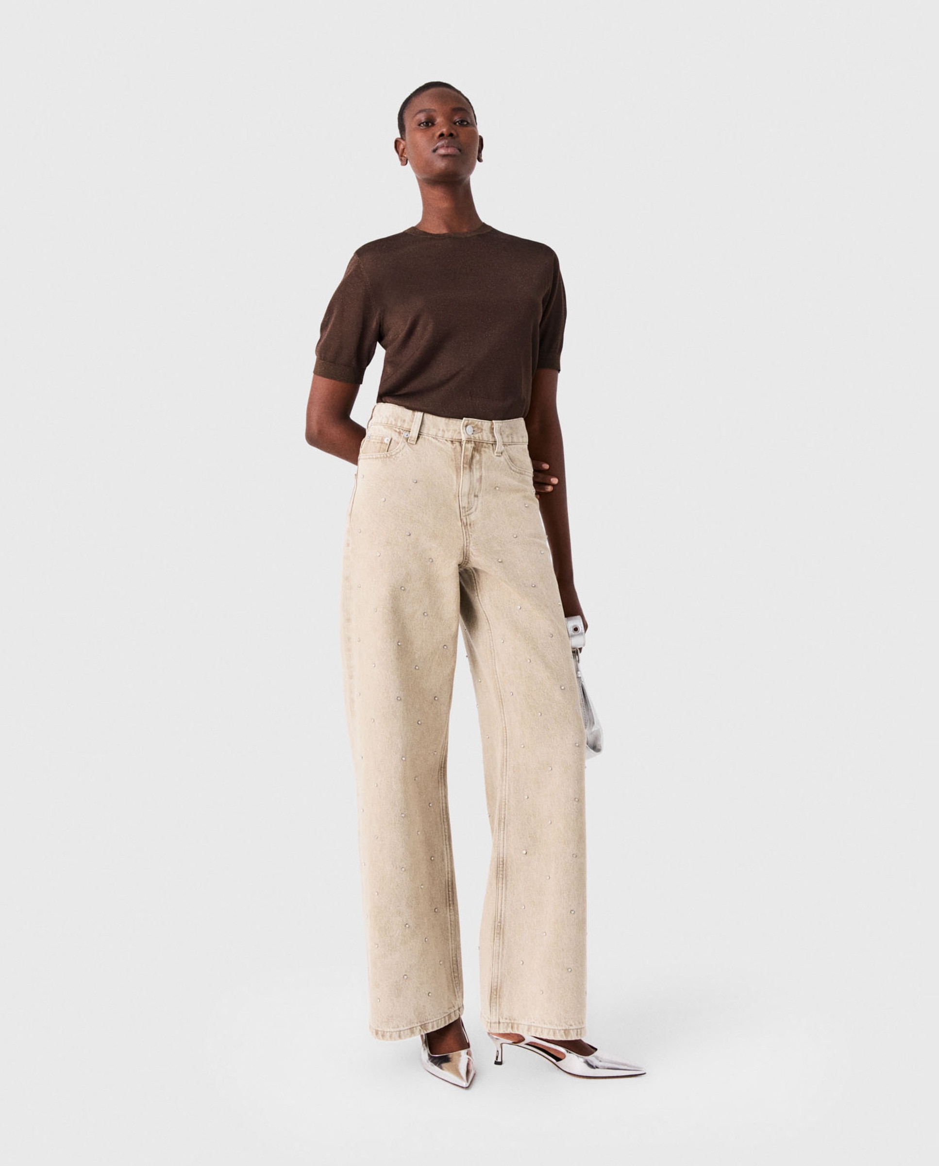 Vaquero de mujer ancho de algodón con strass - Maje - Beige Beige-5
