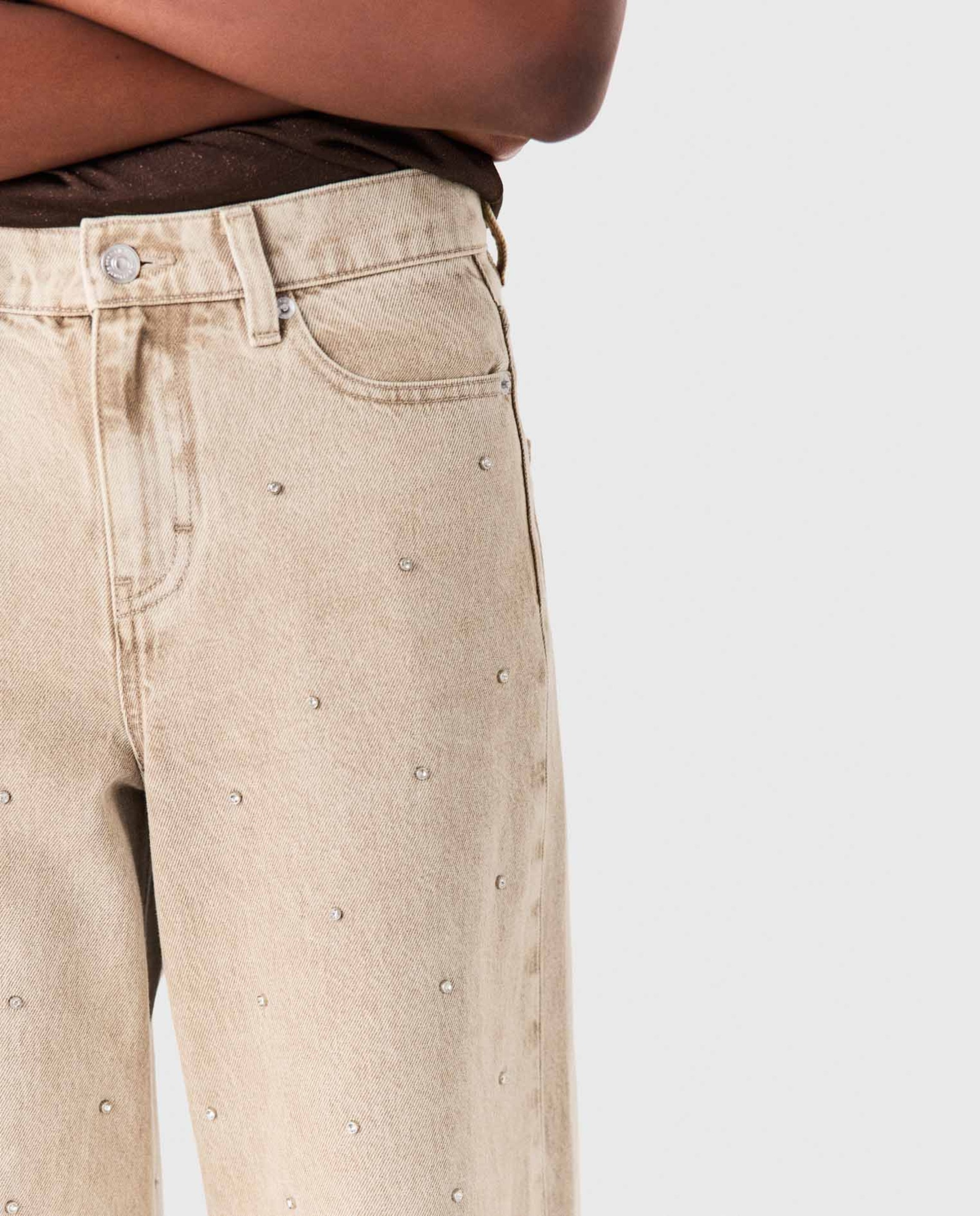 Vaquero de mujer ancho de algodón con strass - Maje - Beige Beige-7