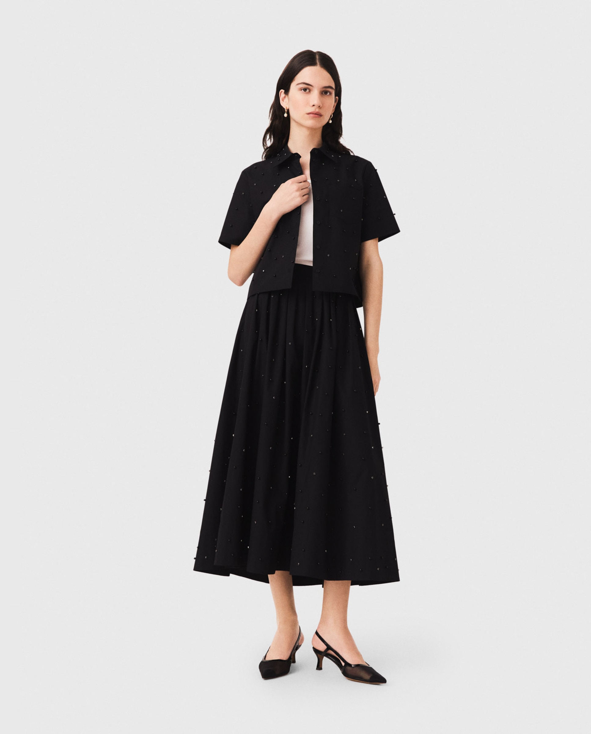 Falda larga acampanada de talle alto con perlas y strass - Maje - Negro Negro-1
