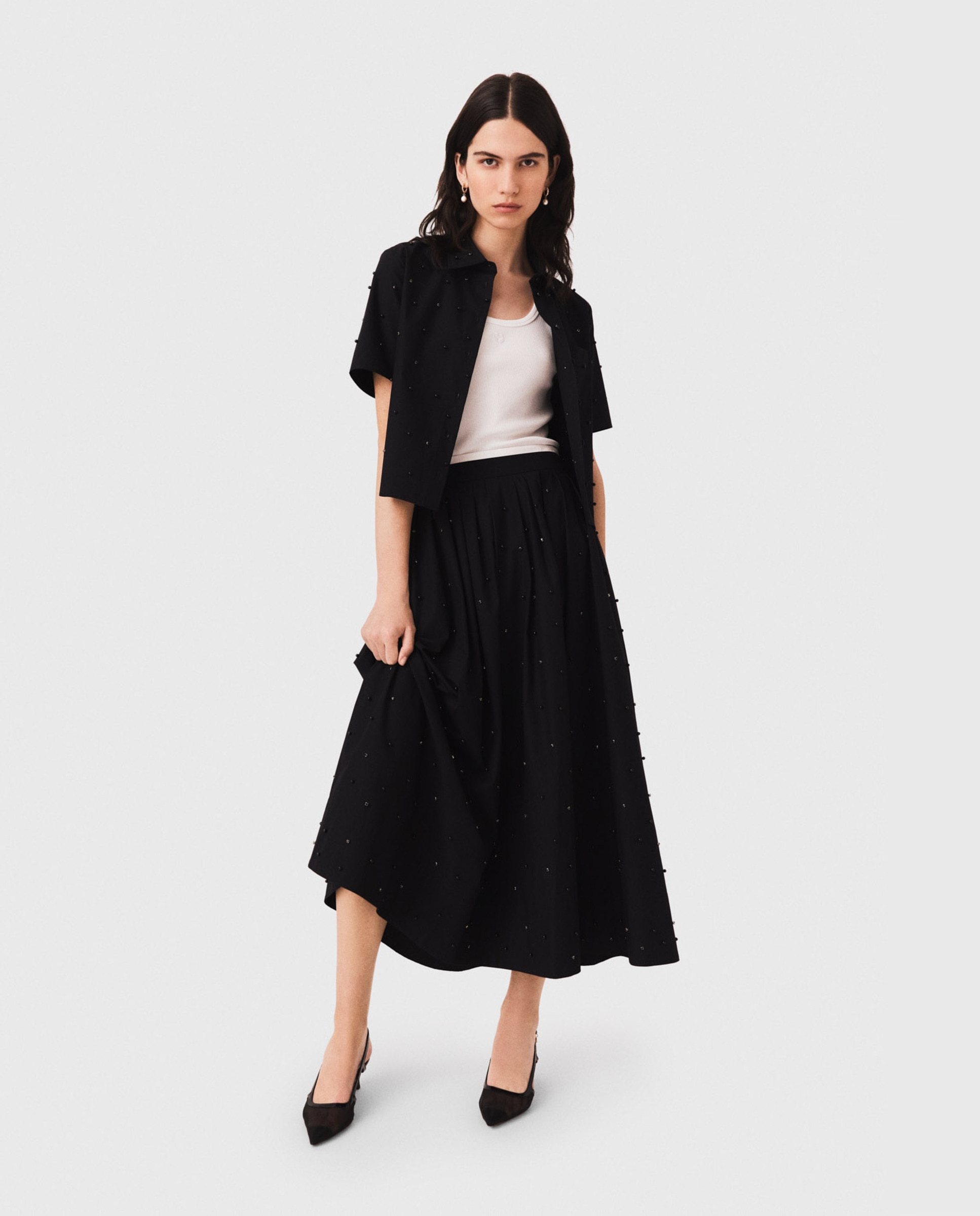 Falda larga acampanada de talle alto con perlas y strass - Maje - Negro Negro-4