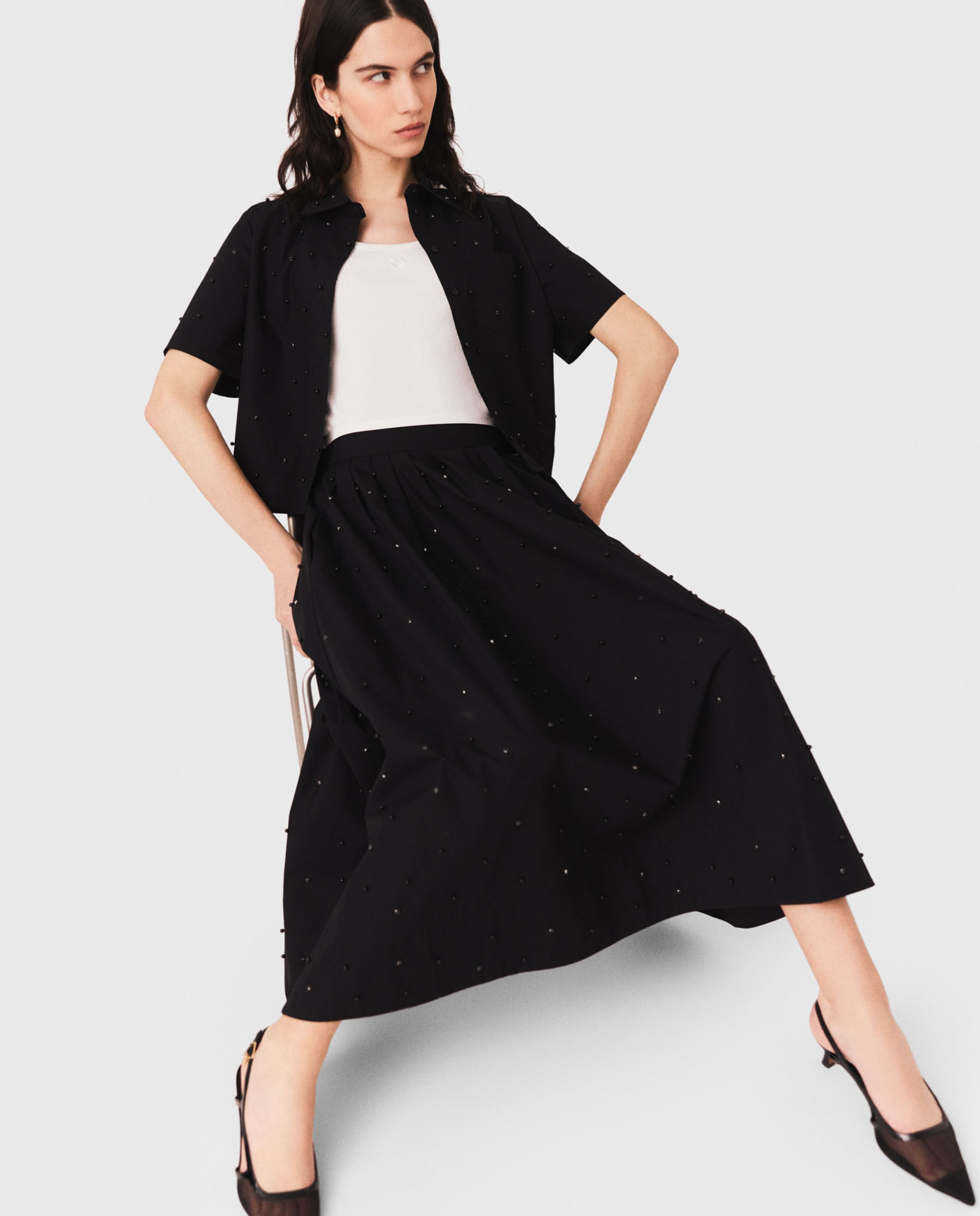 Falda larga acampanada de talle alto con perlas y strass - Maje - Negro Negro-5