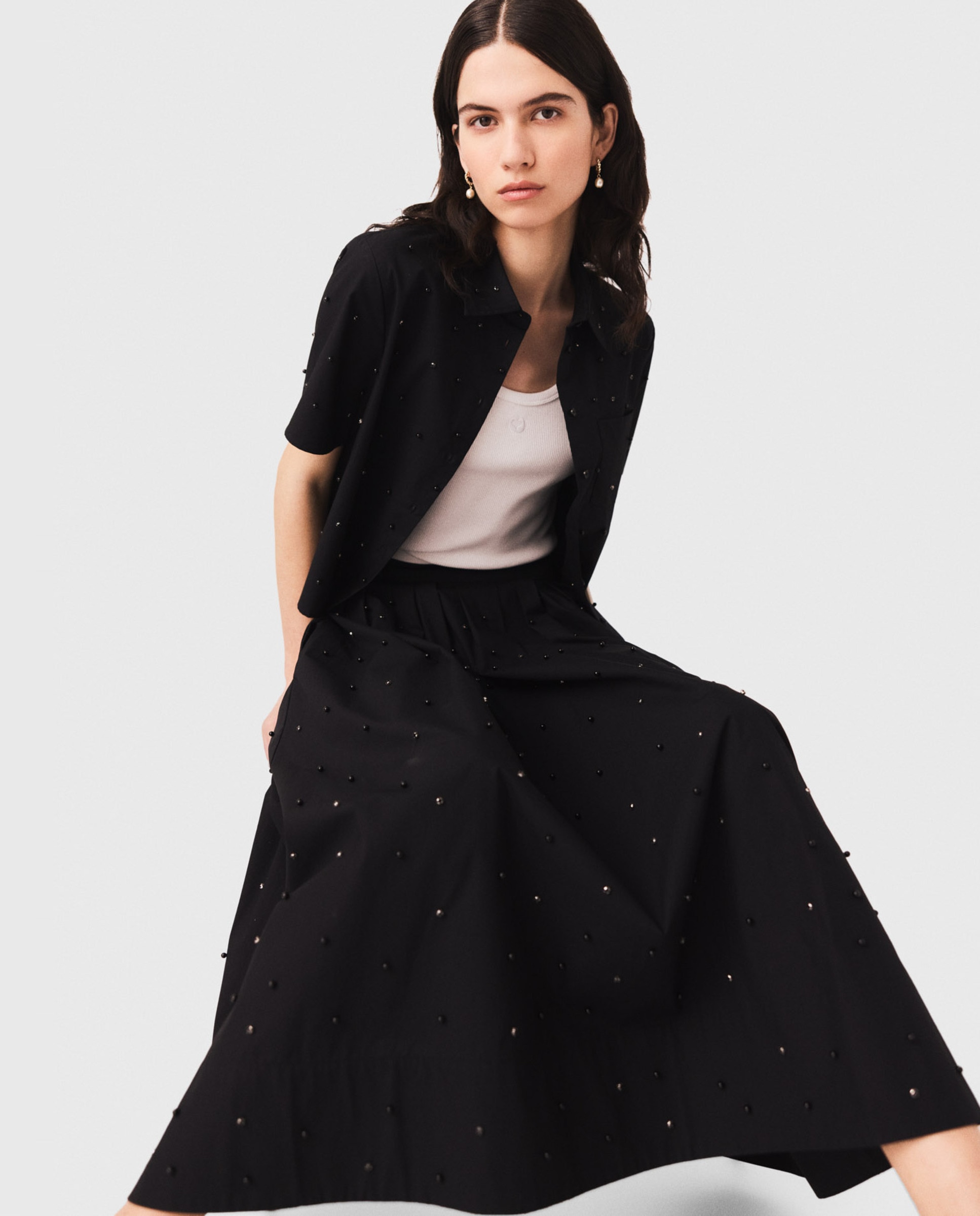 Falda larga acampanada de talle alto con perlas y strass - Maje - Negro Negro-6