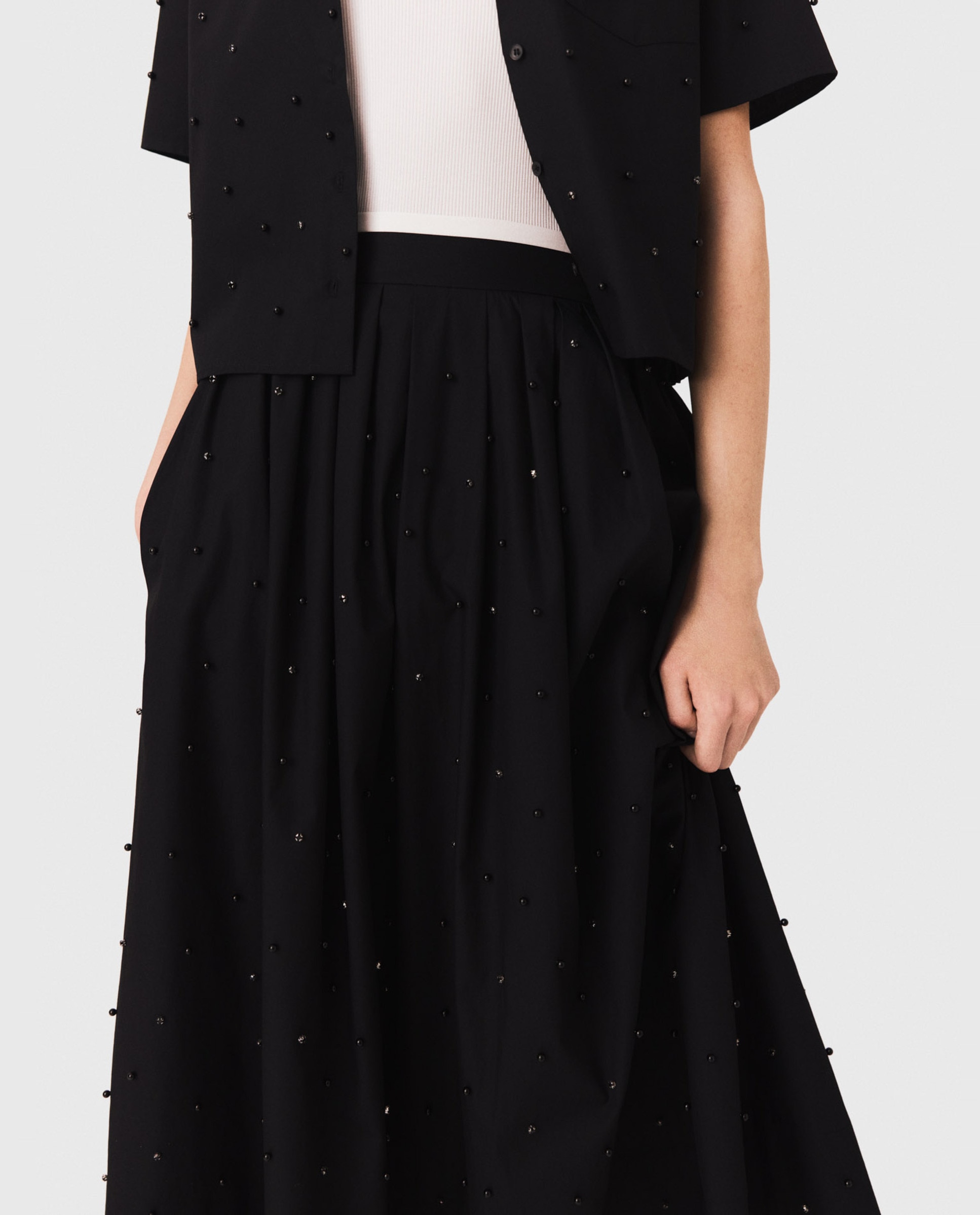 Falda larga acampanada de talle alto con perlas y strass - Maje - Negro Negro-7