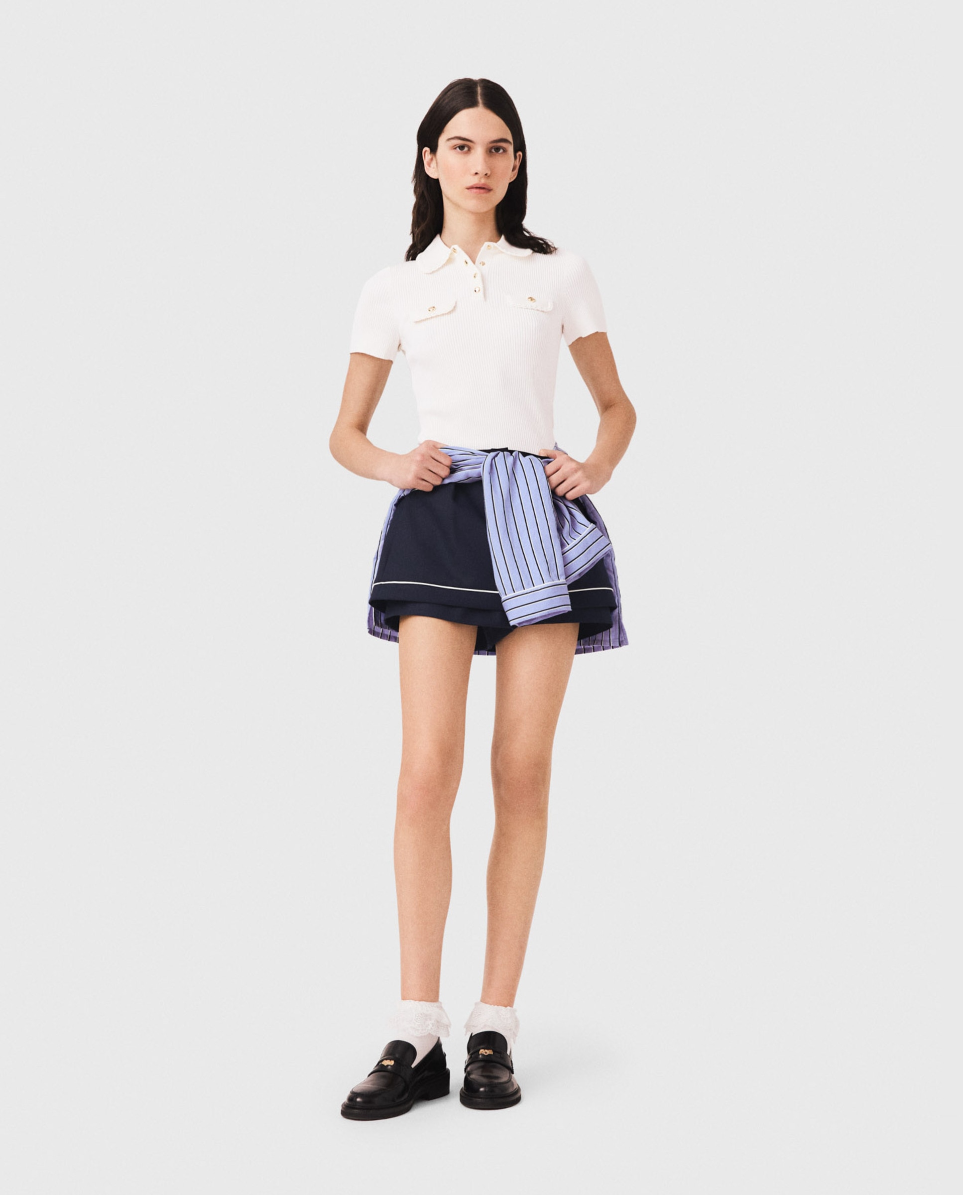 Polo de mujer de punto acanalado con cuello festoneado - Maje - Blanco Blanco-4