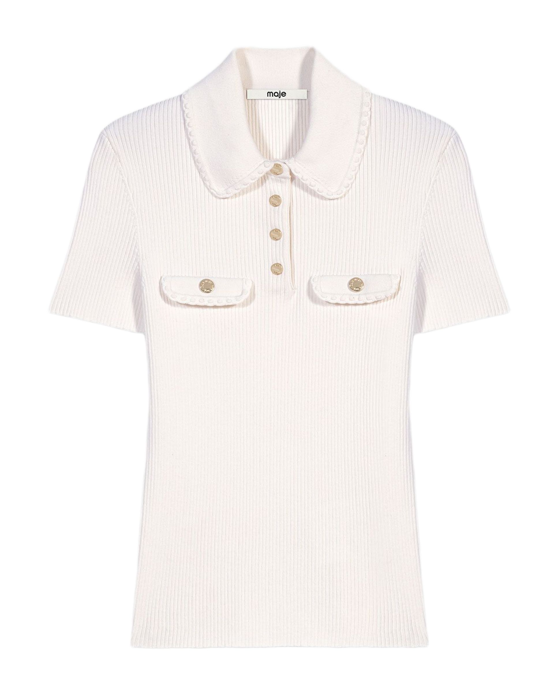 Polo de mujer de punto acanalado con cuello festoneado - Maje - Blanco Blanco-8