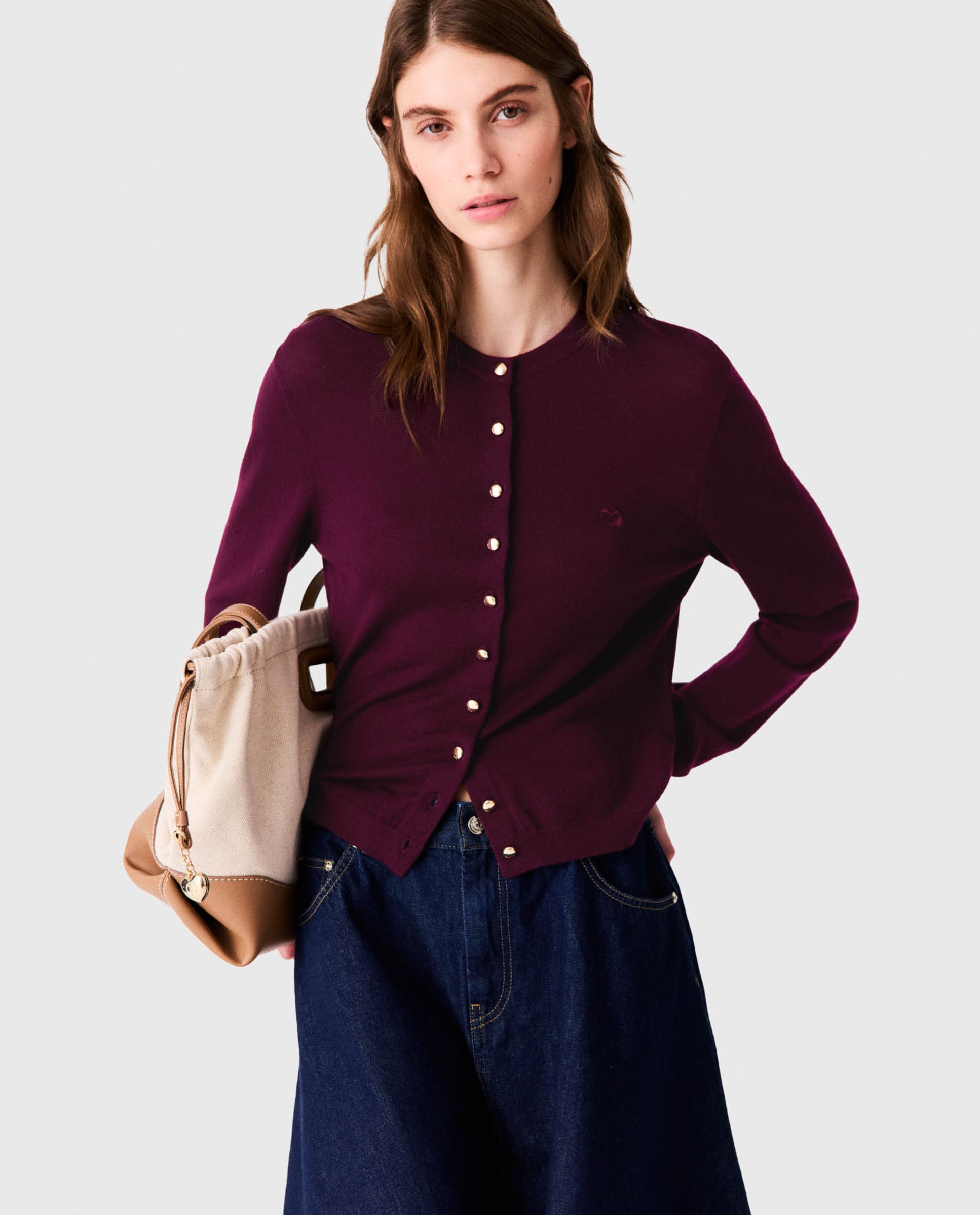 Cárdigan de mujer 100% lana con logo bordado - Maje - Morado Morado-1