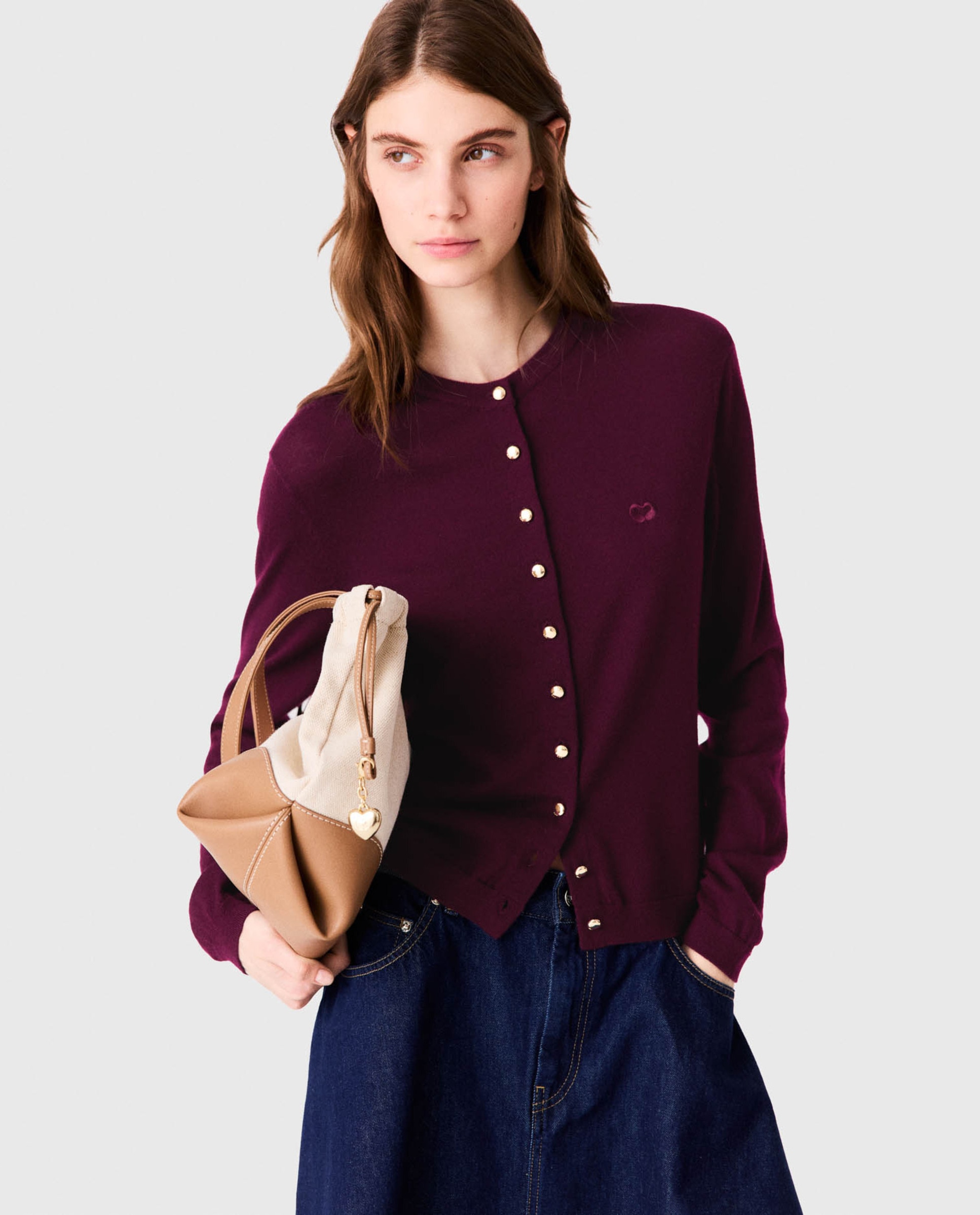 Cárdigan de mujer 100% lana con logo bordado - Maje - Morado Morado-5