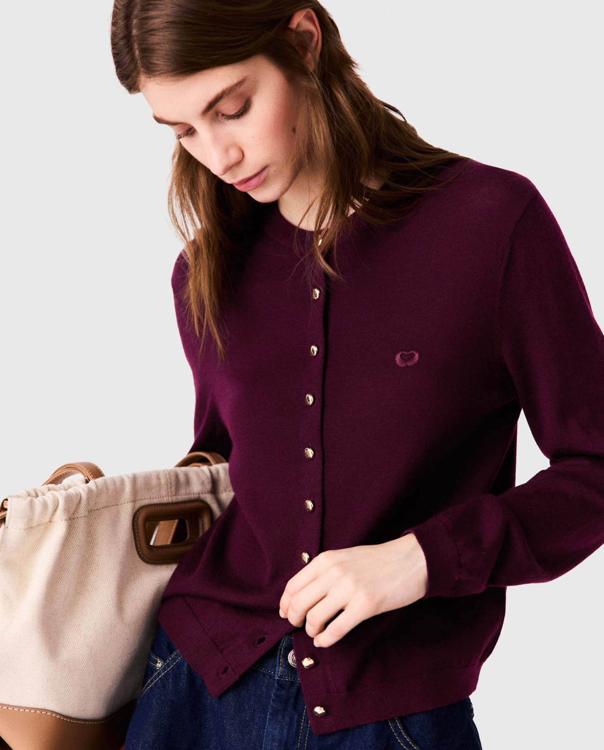 Cárdigan de mujer 100% lana con logo bordado - Maje - Morado Morado-6