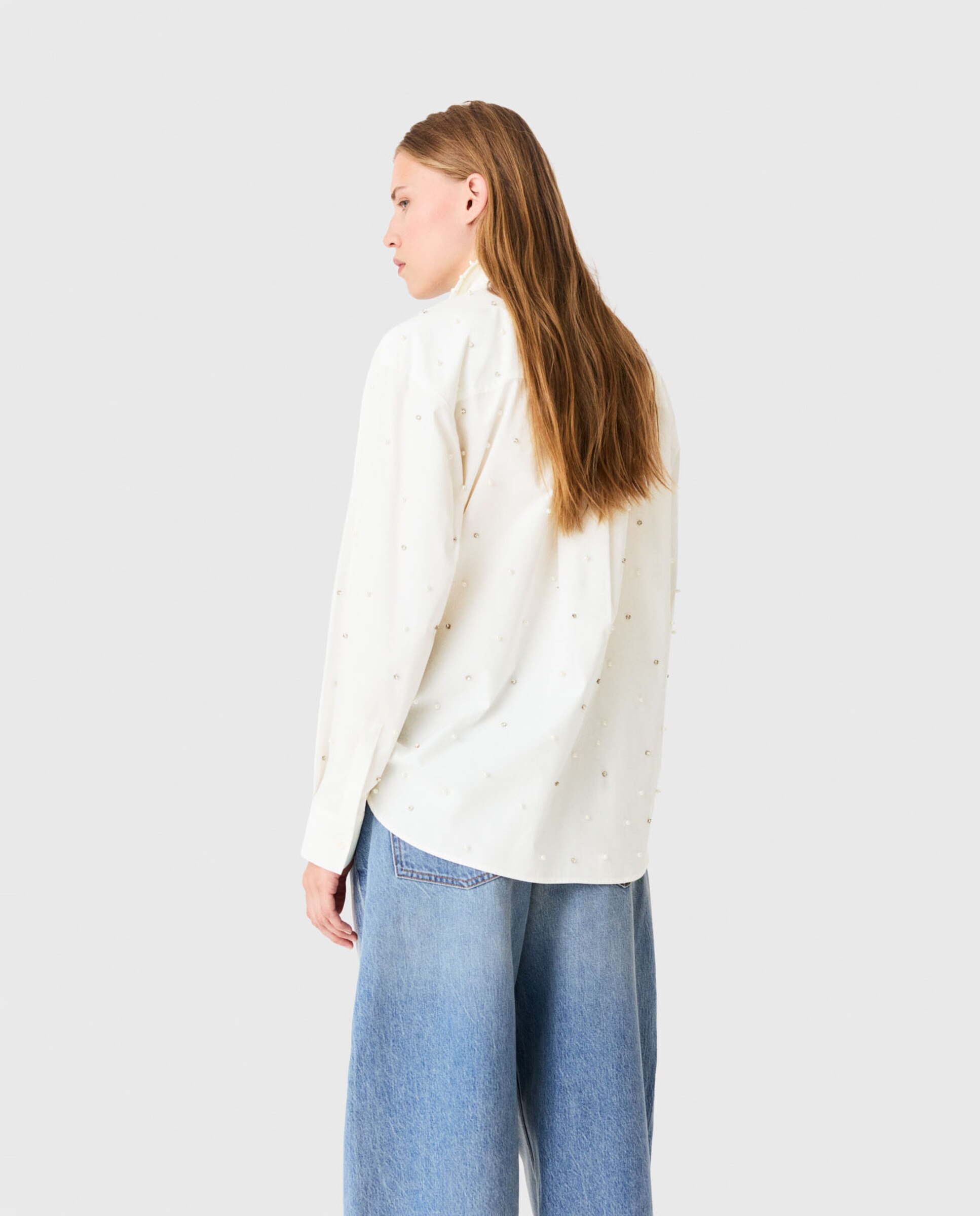 Blusa de mujer con perlas, strass y lazo desmontable - Maje - Blanco Blanco-2