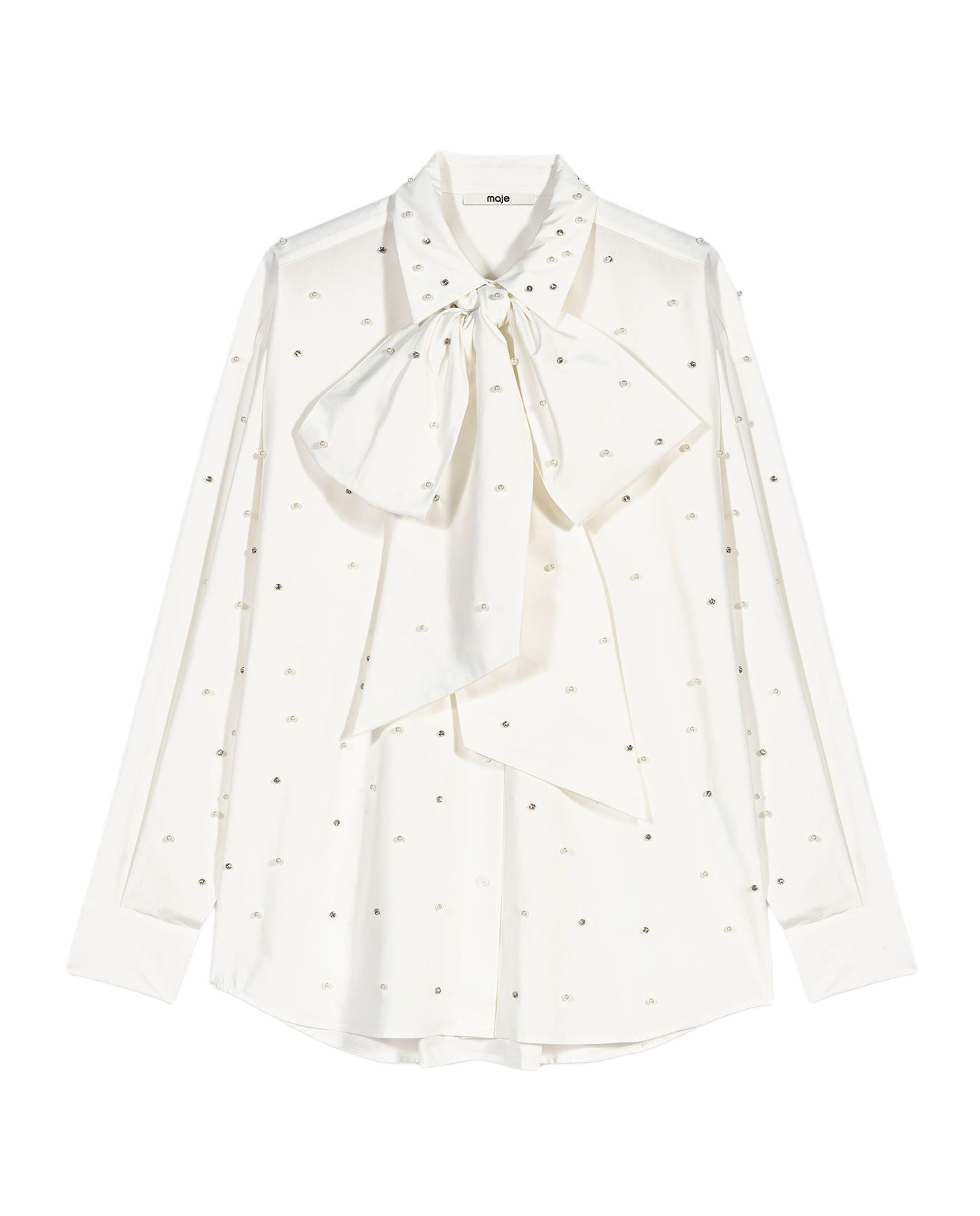 Blusa de mujer con perlas, strass y lazo desmontable - Maje - Blanco Blanco-7