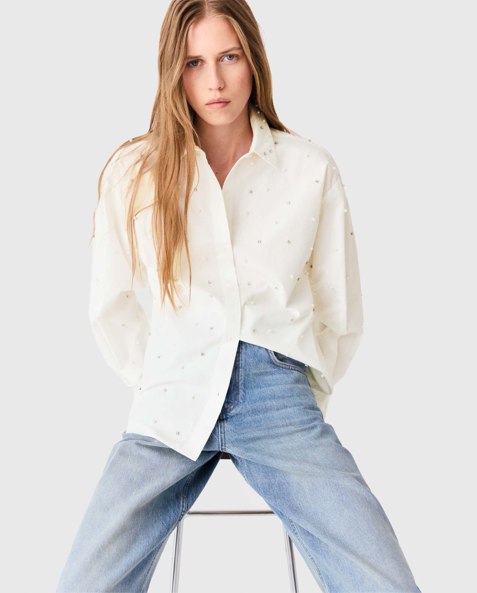Blusa de mujer con perlas, strass y lazo desmontable - Maje - Blanco Blanco-6