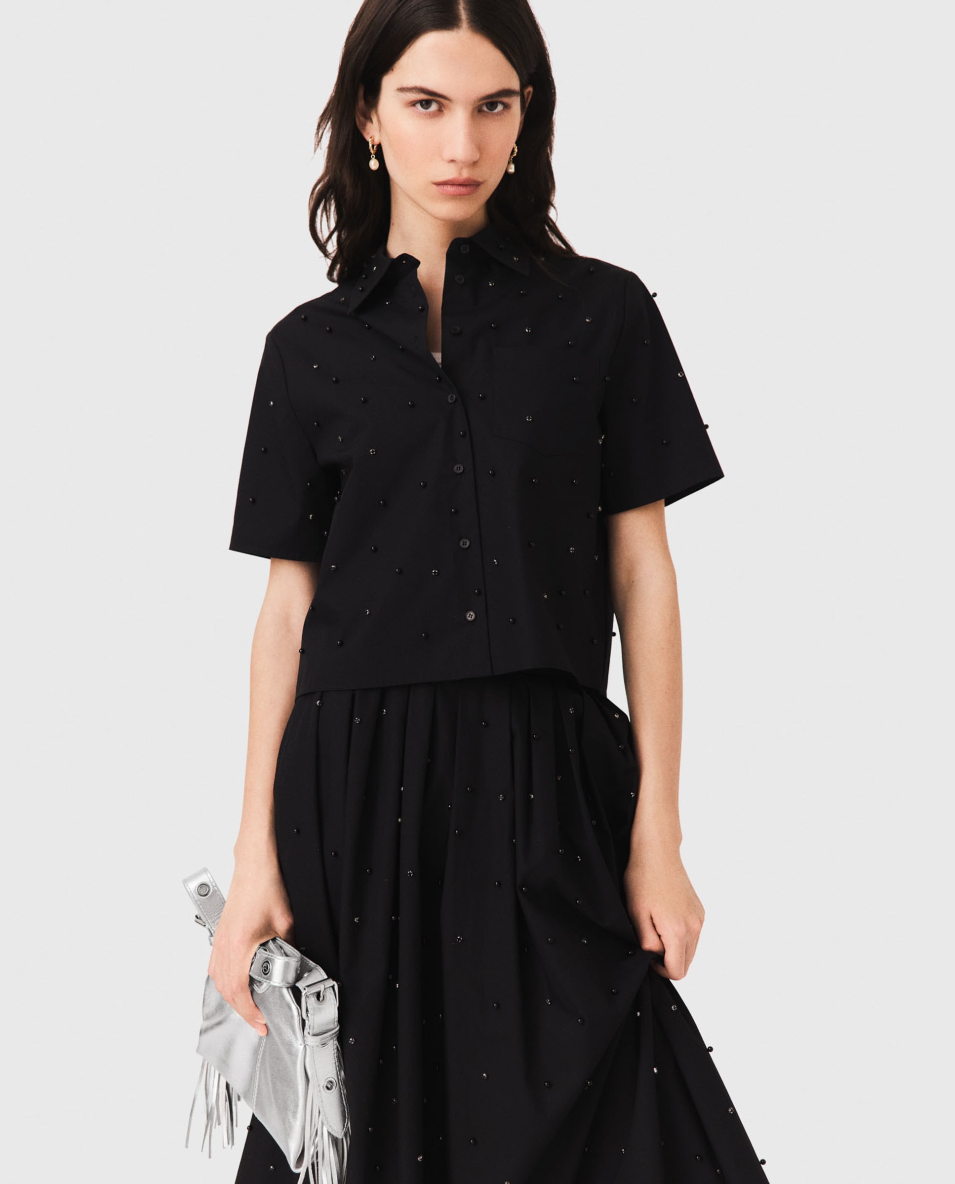 Camisa de mujer con perlas integrales y pedrería - Maje - Negro Negro-1