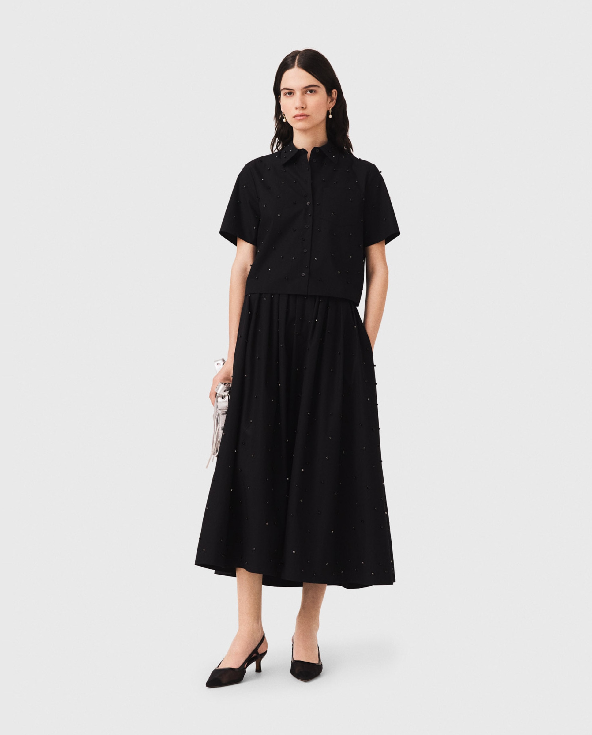 Camisa de mujer con perlas integrales y pedrería - Maje - Negro Negro-2