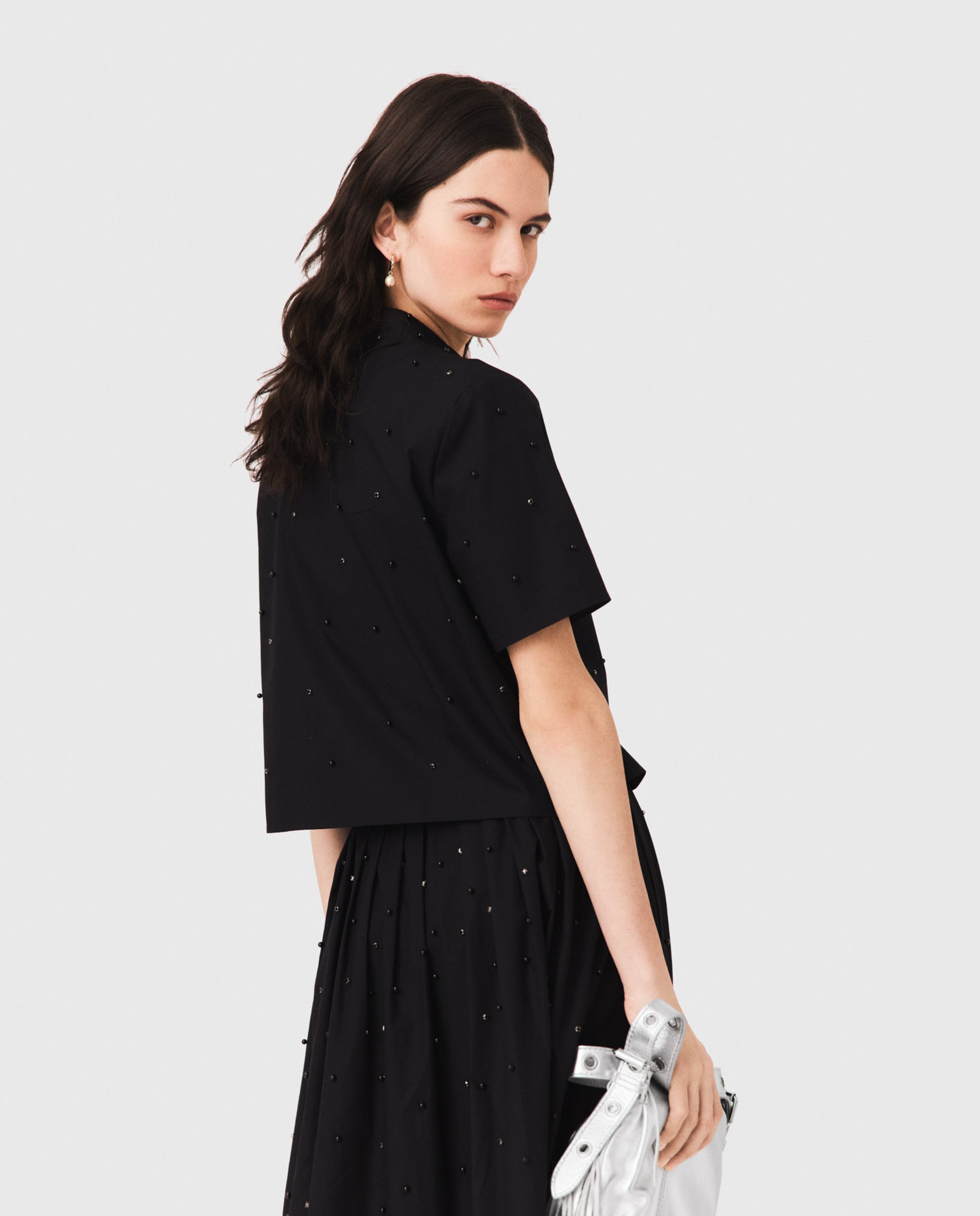 Camisa de mujer con perlas integrales y pedrería - Maje - Negro Negro-4