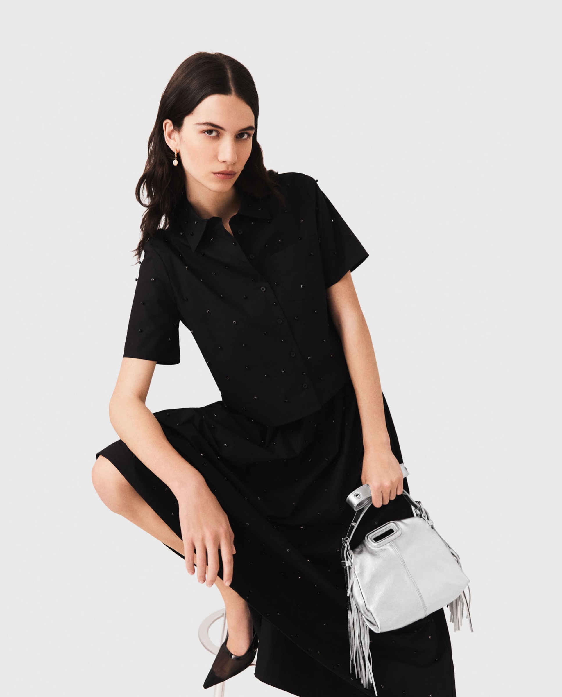 Camisa de mujer con perlas integrales y pedrería - Maje - Negro Negro-5