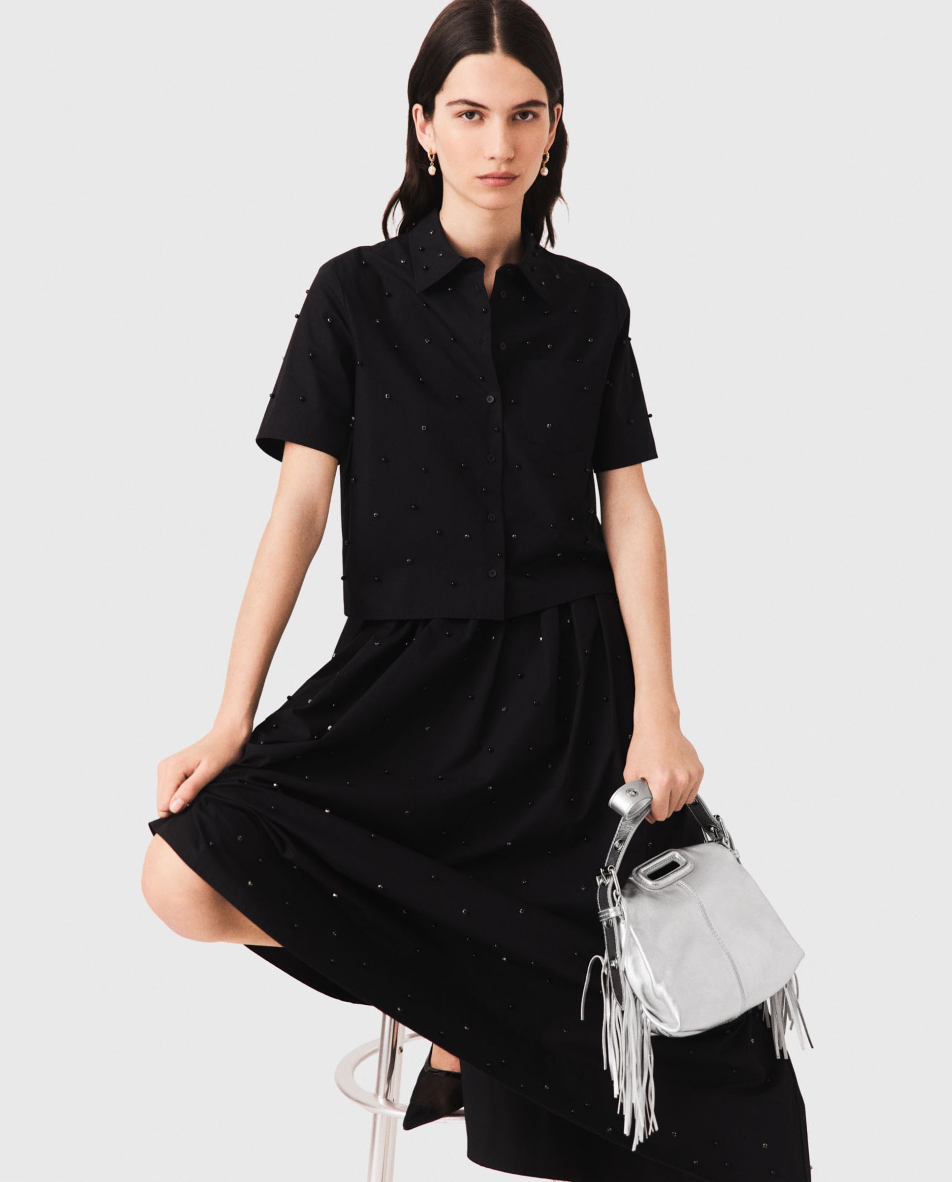 Camisa de mujer con perlas integrales y pedrería - Maje - Negro Negro-6