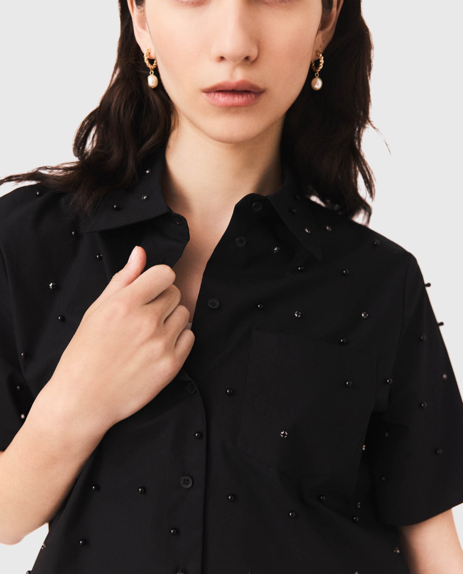 Camisa de mujer con perlas integrales y pedrería - Maje - Negro Negro-7