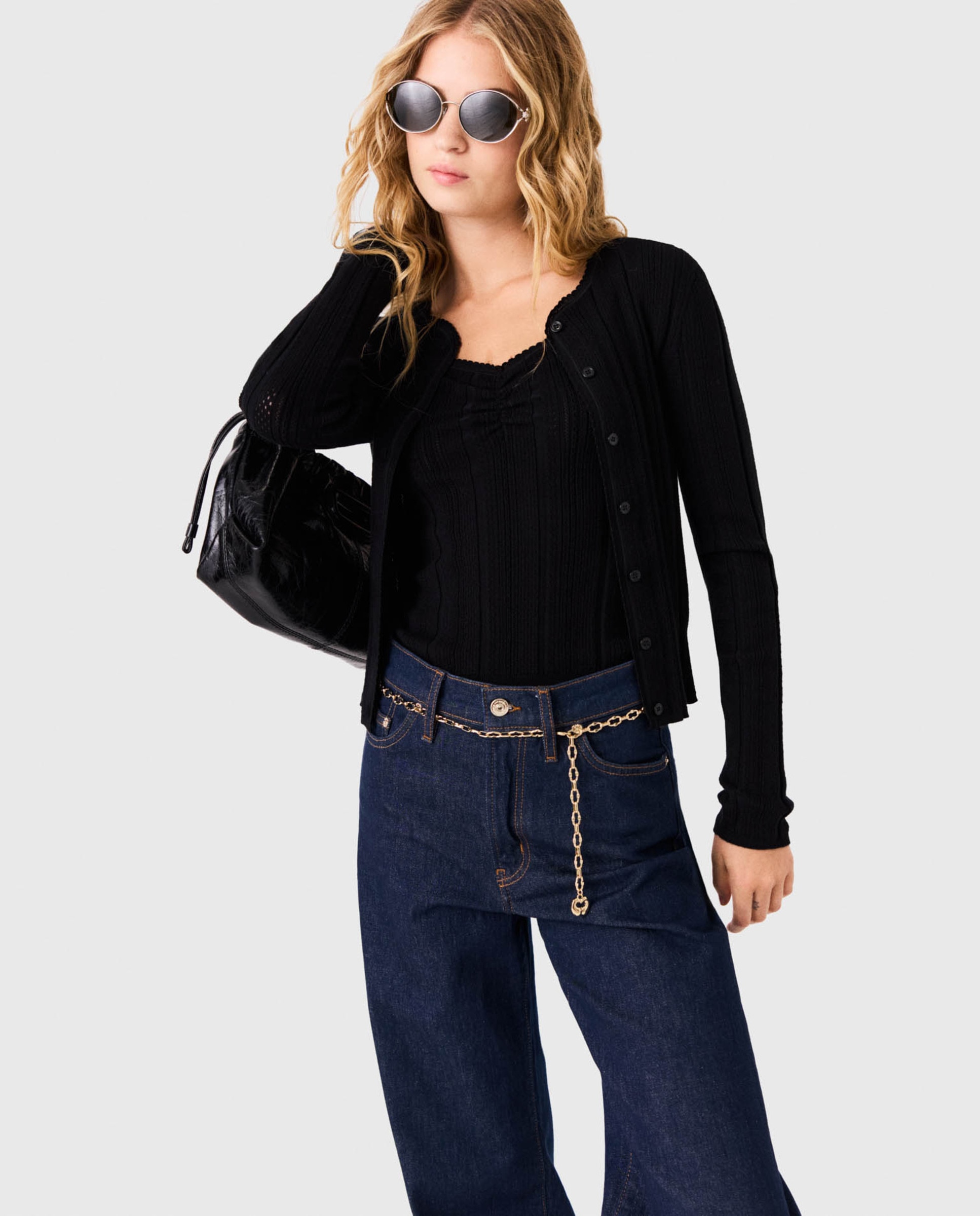 Imagen 1 de Twinset de punto de mujer calado entallado Negro