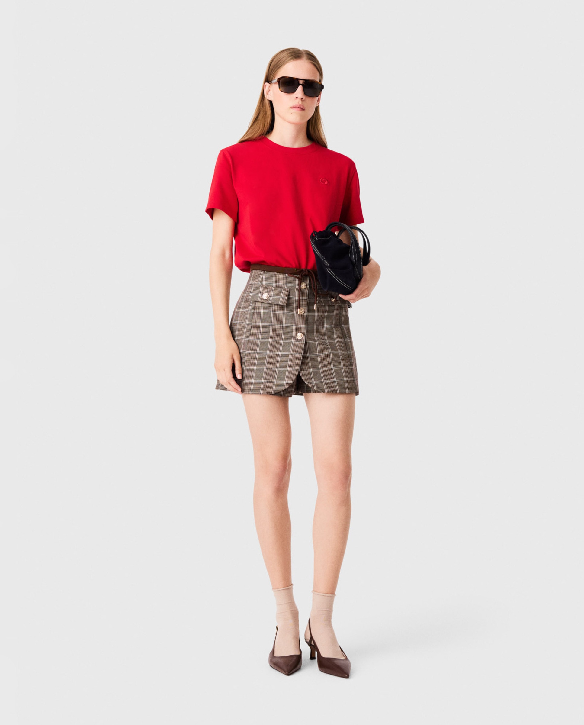 Camiseta de mujer recta de algodón con logo bordado - Maje - Rojo Rojo-4