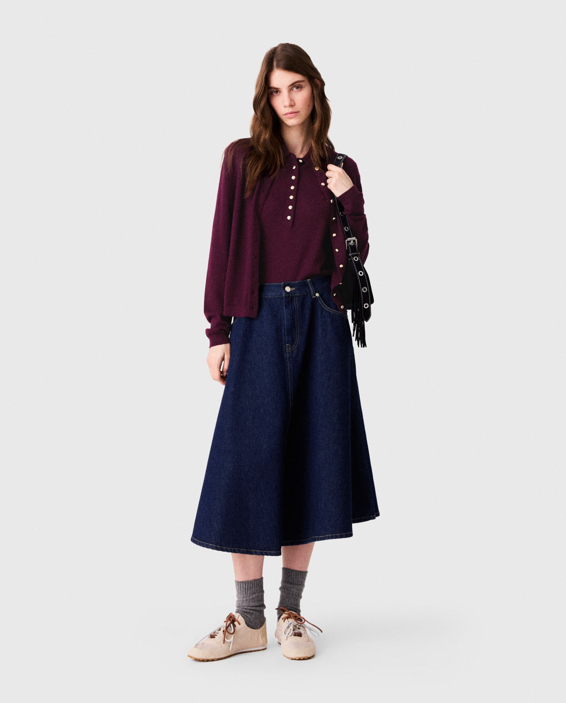 Falda midi acampanada de denim - Maje - Azul marino Azul marino-1