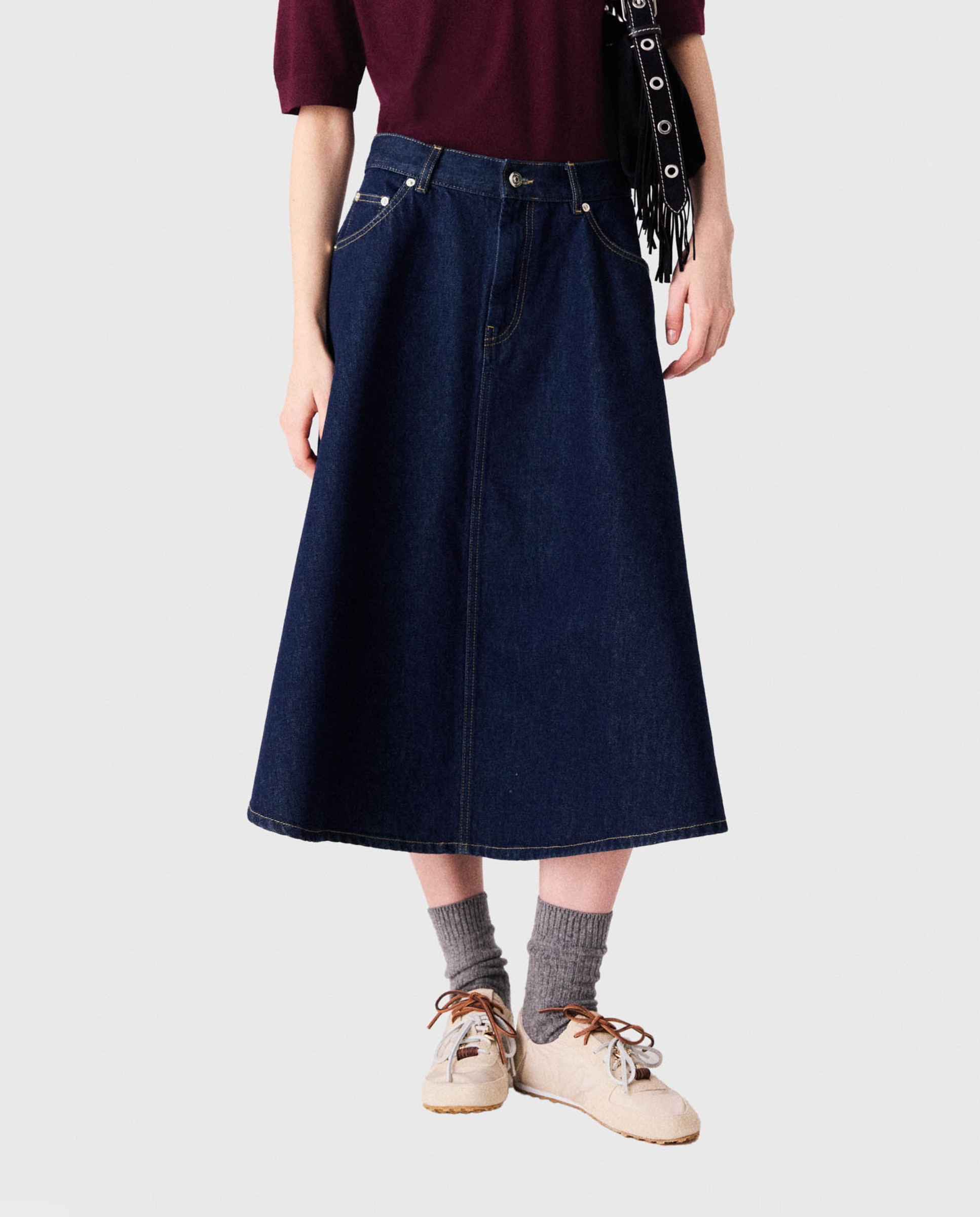 Falda midi acampanada de denim - Maje - Azul marino Azul marino-2