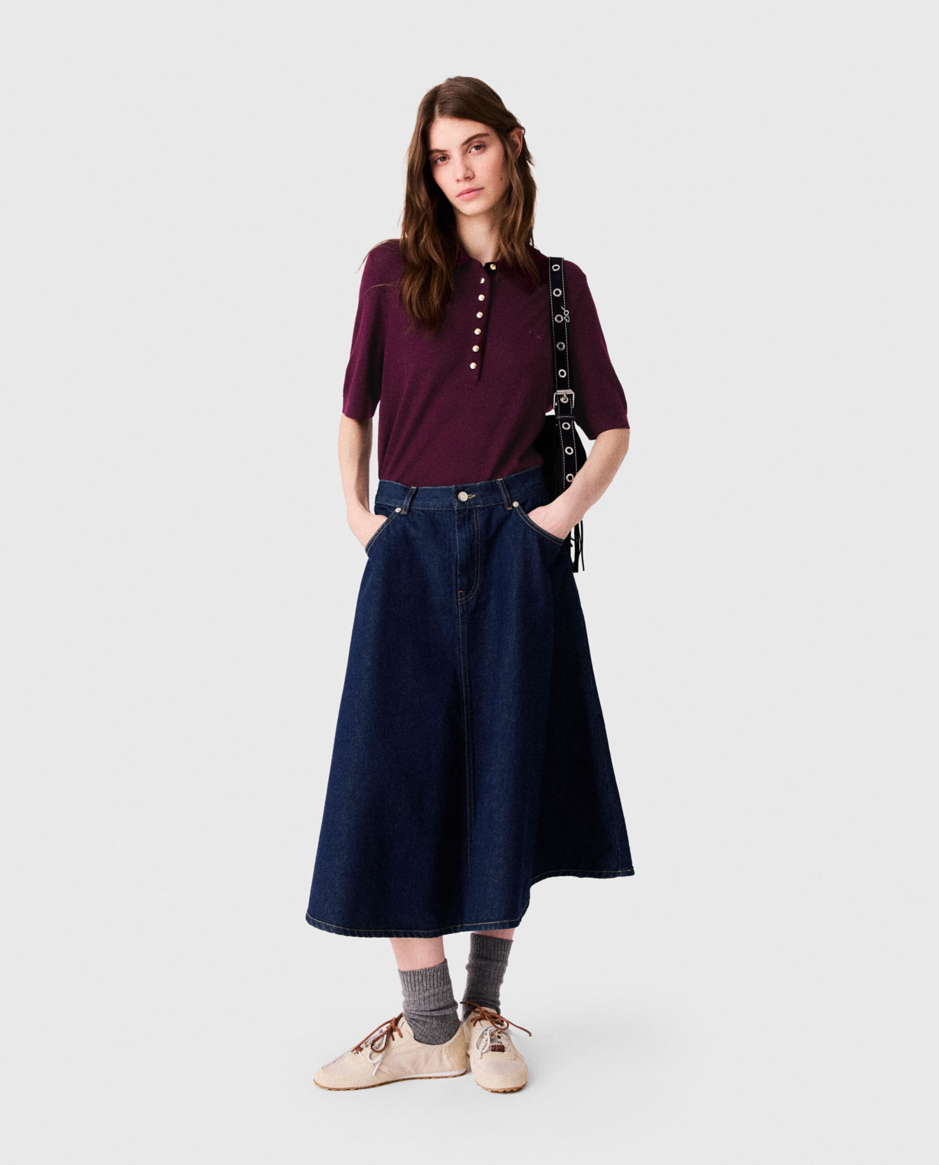 Falda midi acampanada de denim - Maje - Azul marino Azul marino-5