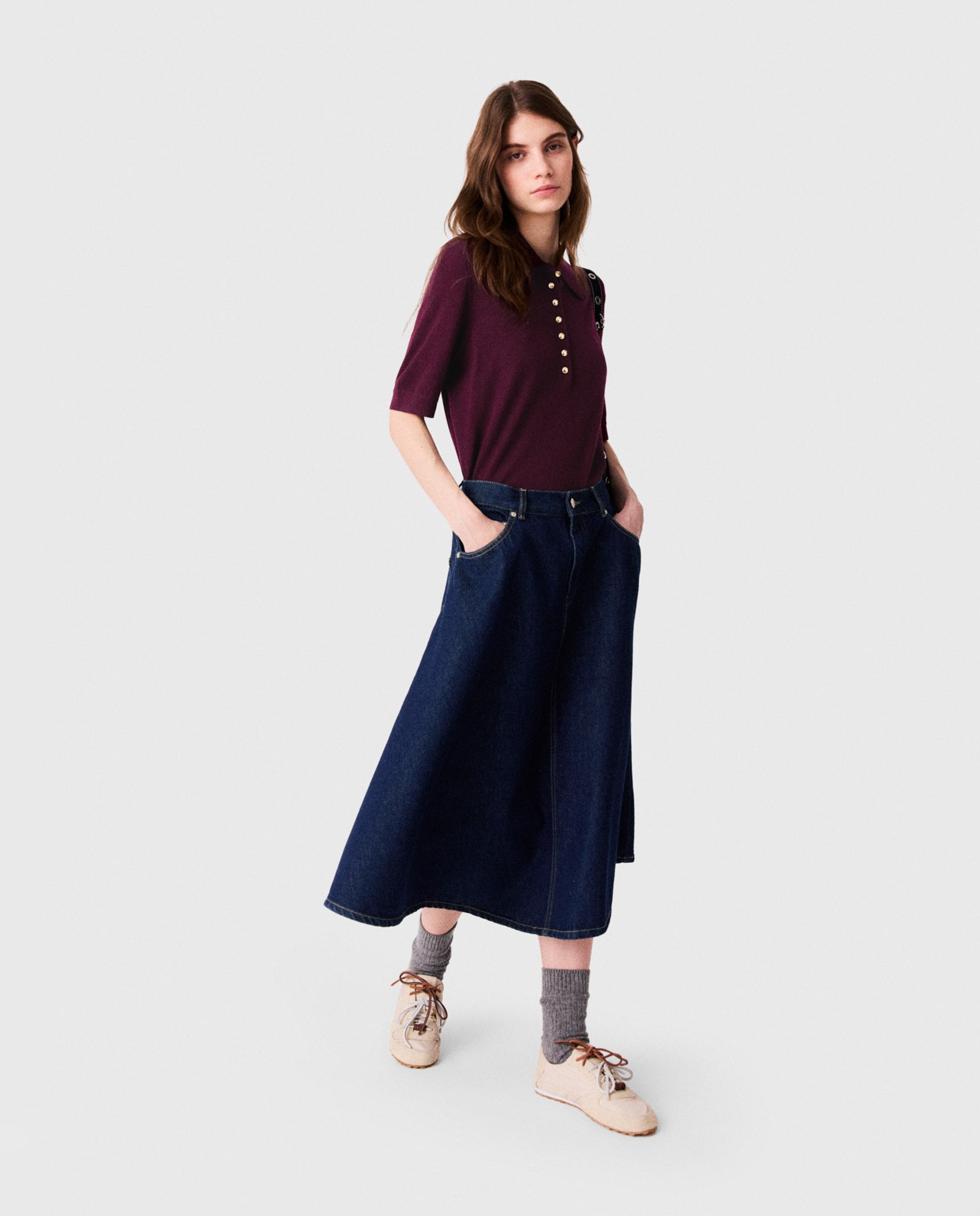 Falda midi acampanada de denim - Maje - Azul marino Azul marino-6