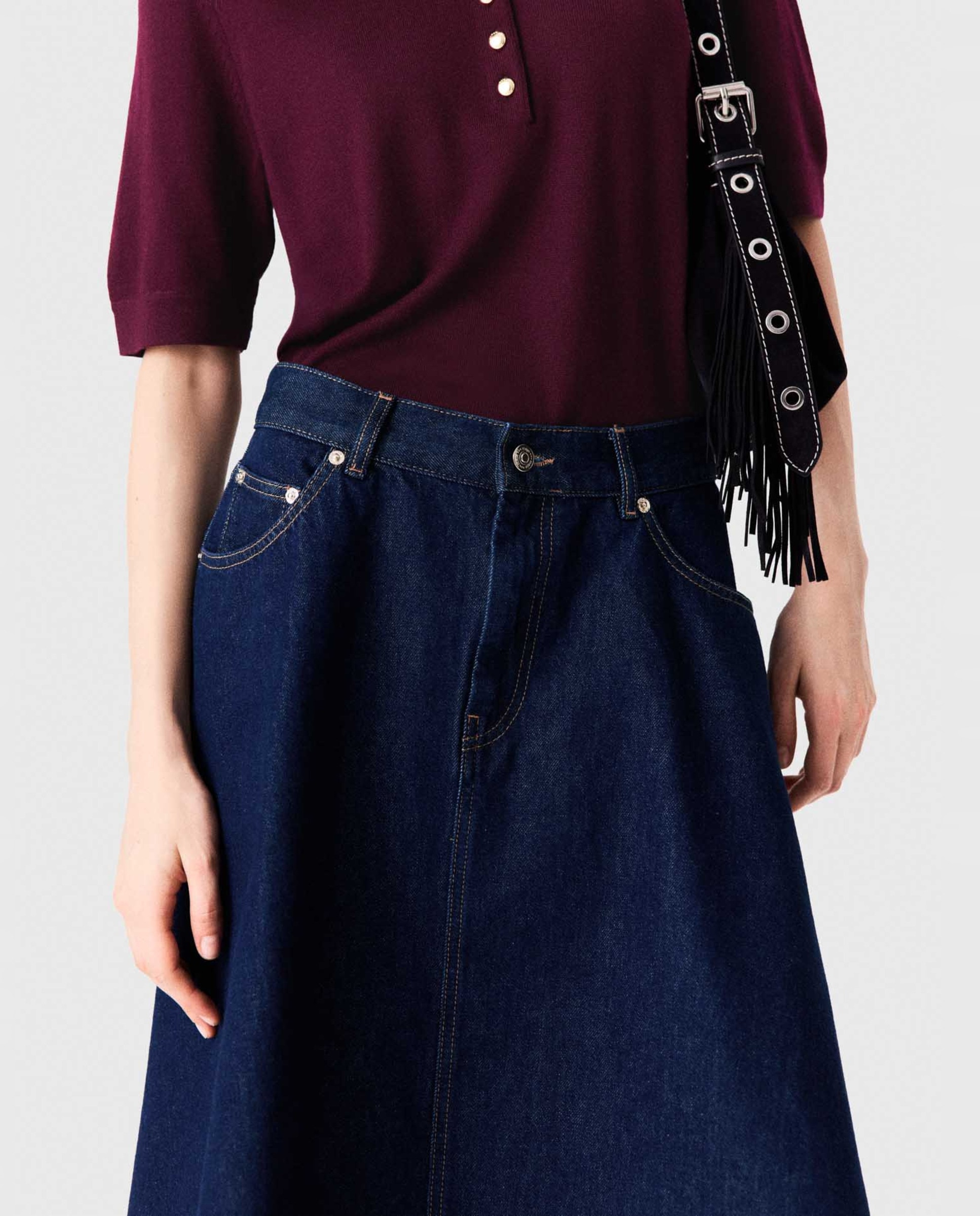 Falda midi acampanada de denim - Maje - Azul marino Azul marino-7