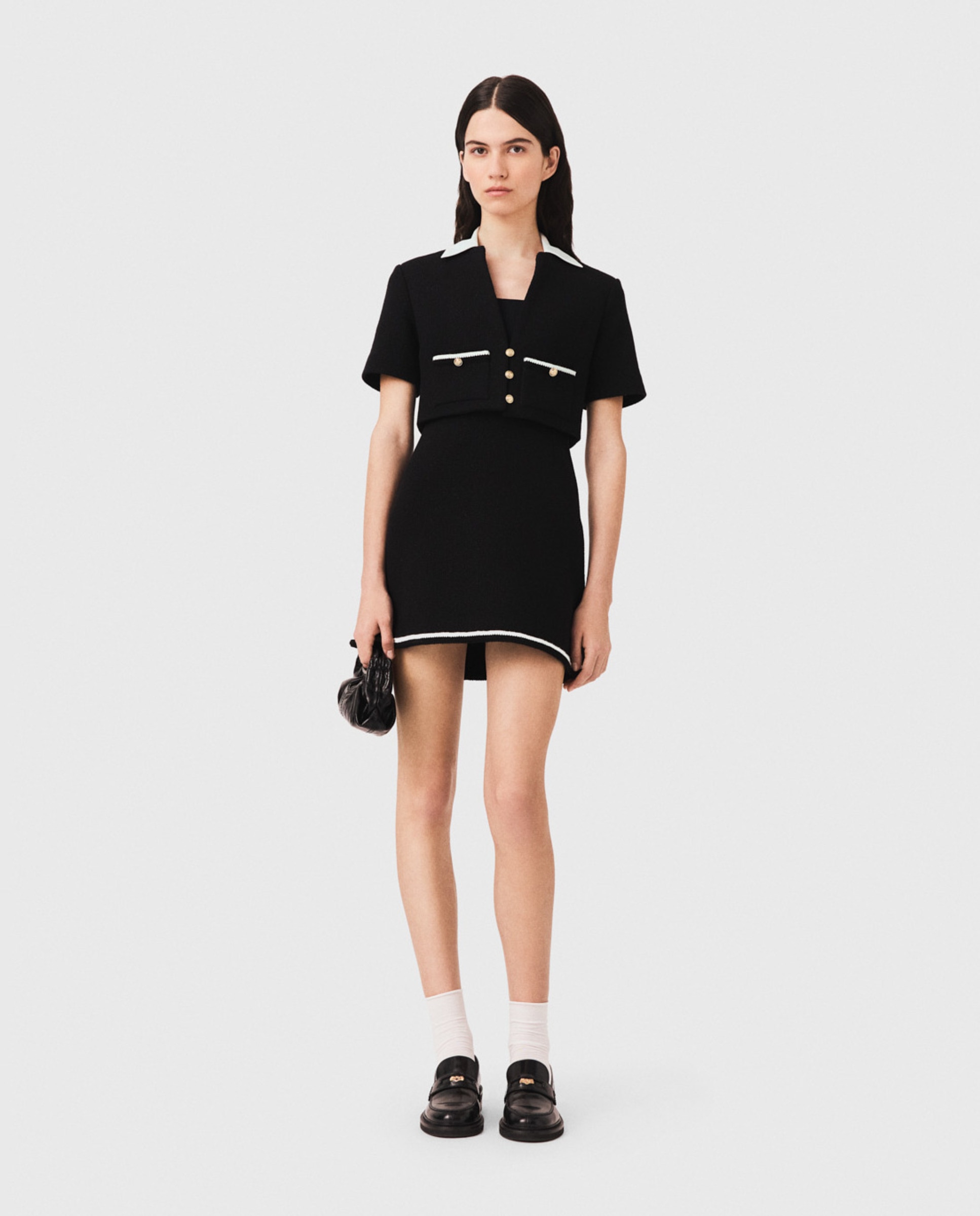 Vestido corto 2 en 1 de tweed con cuello desmontable - Maje - Negro Negro-1
