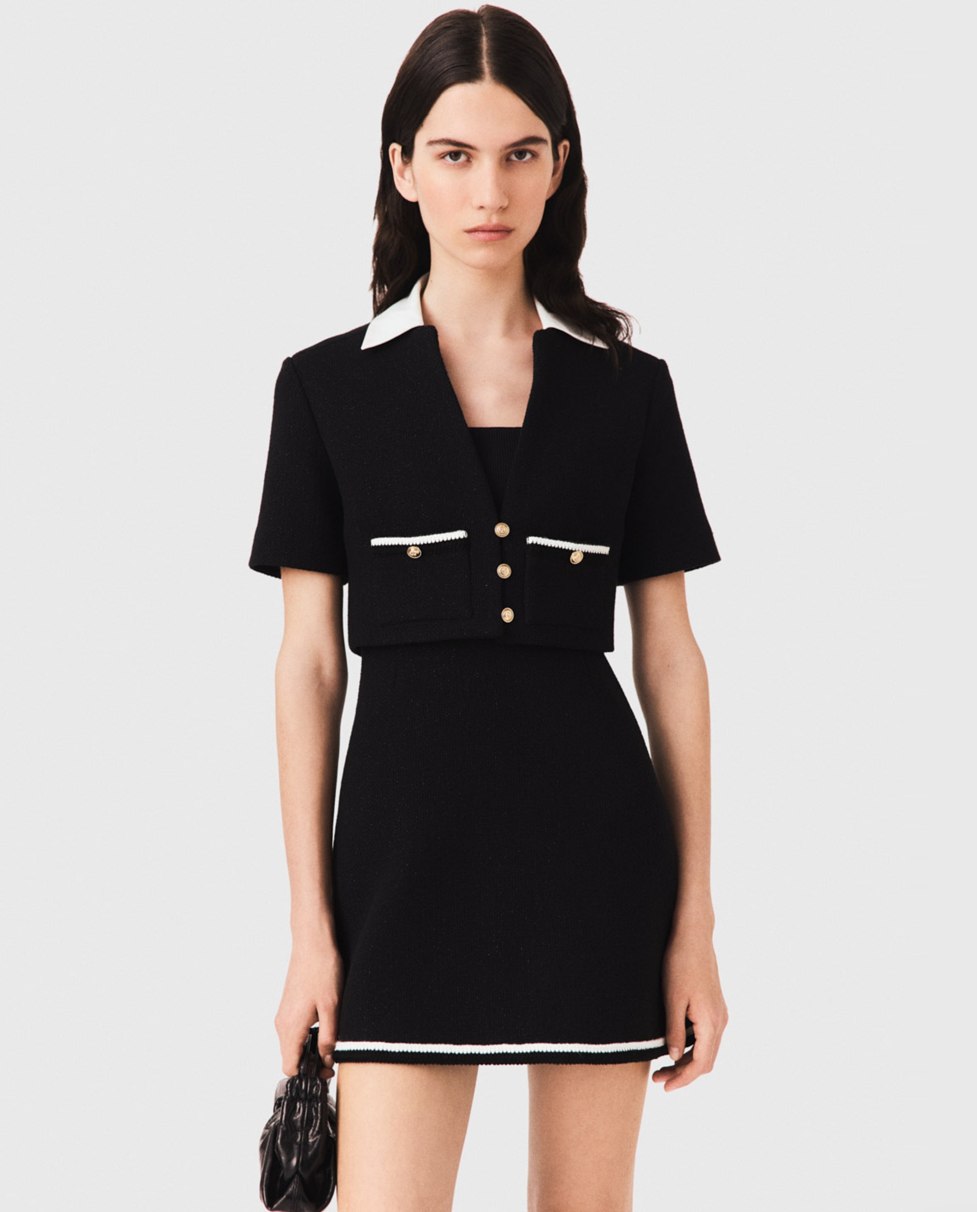 Vestido corto 2 en 1 de tweed con cuello desmontable - Maje - Negro Negro-4
