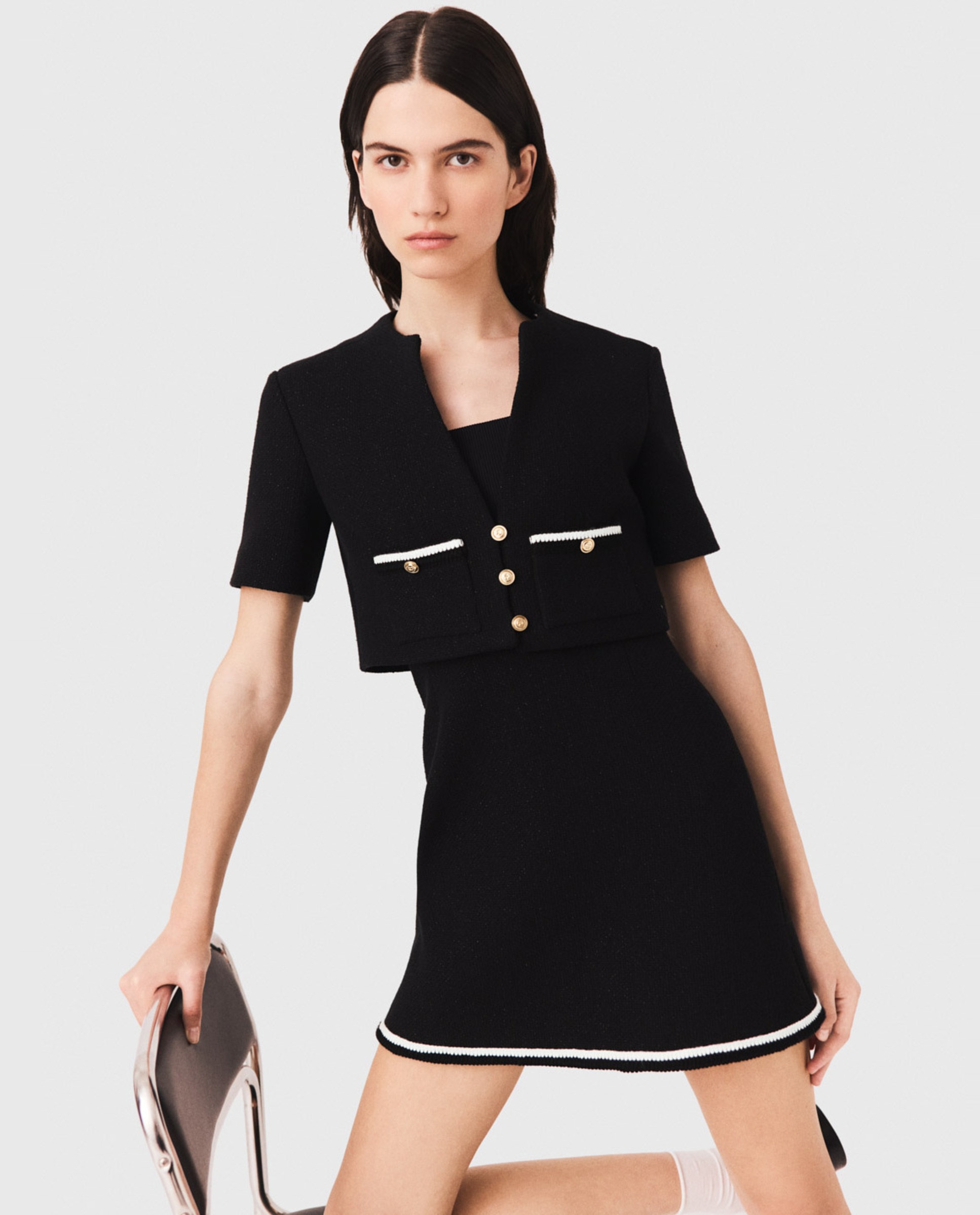 Vestido corto 2 en 1 de tweed con cuello desmontable - Maje - Negro Negro-6