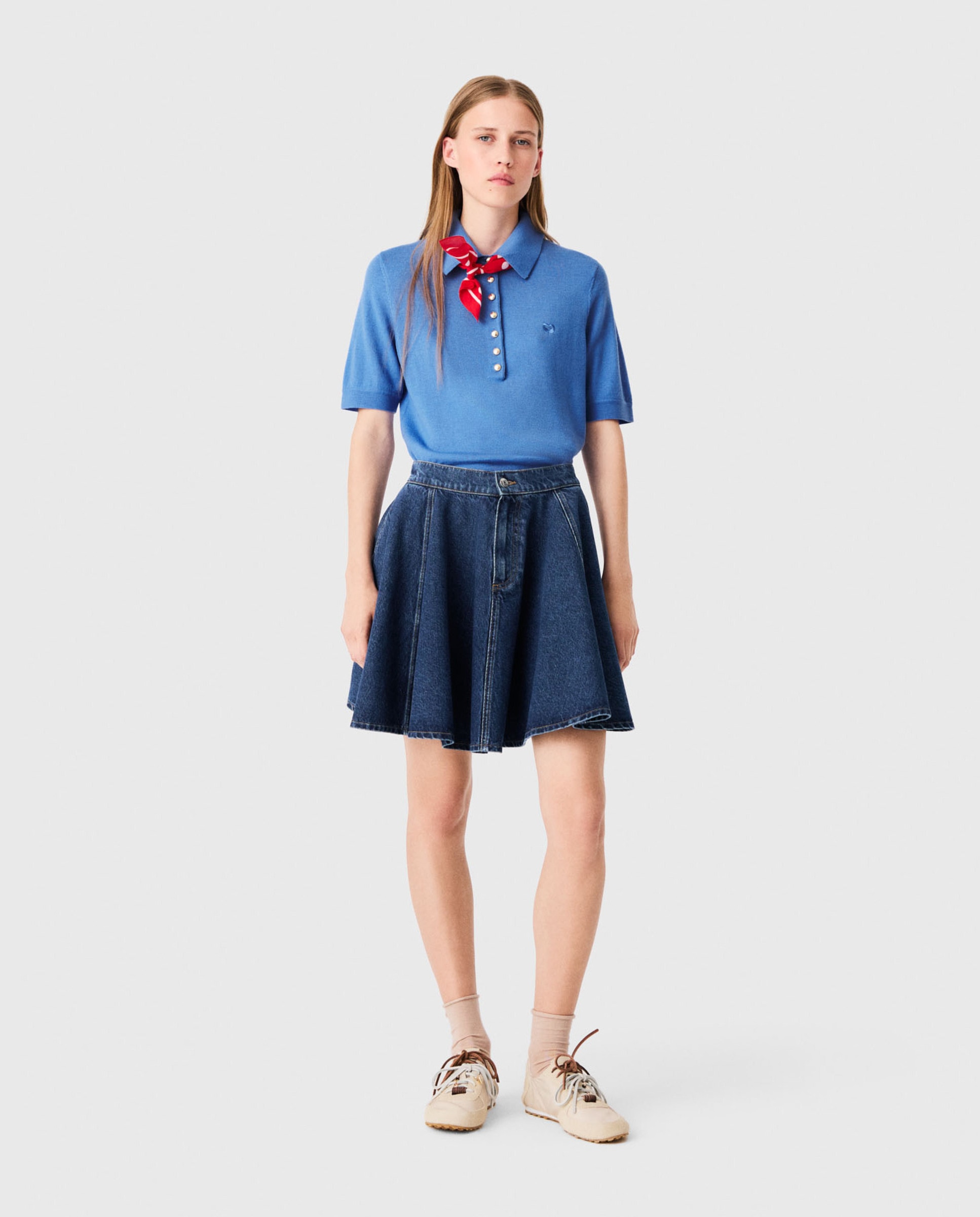 Falda corta skater de denim 100% algodón con cremallera delantera - Maje - Azul Azul-1