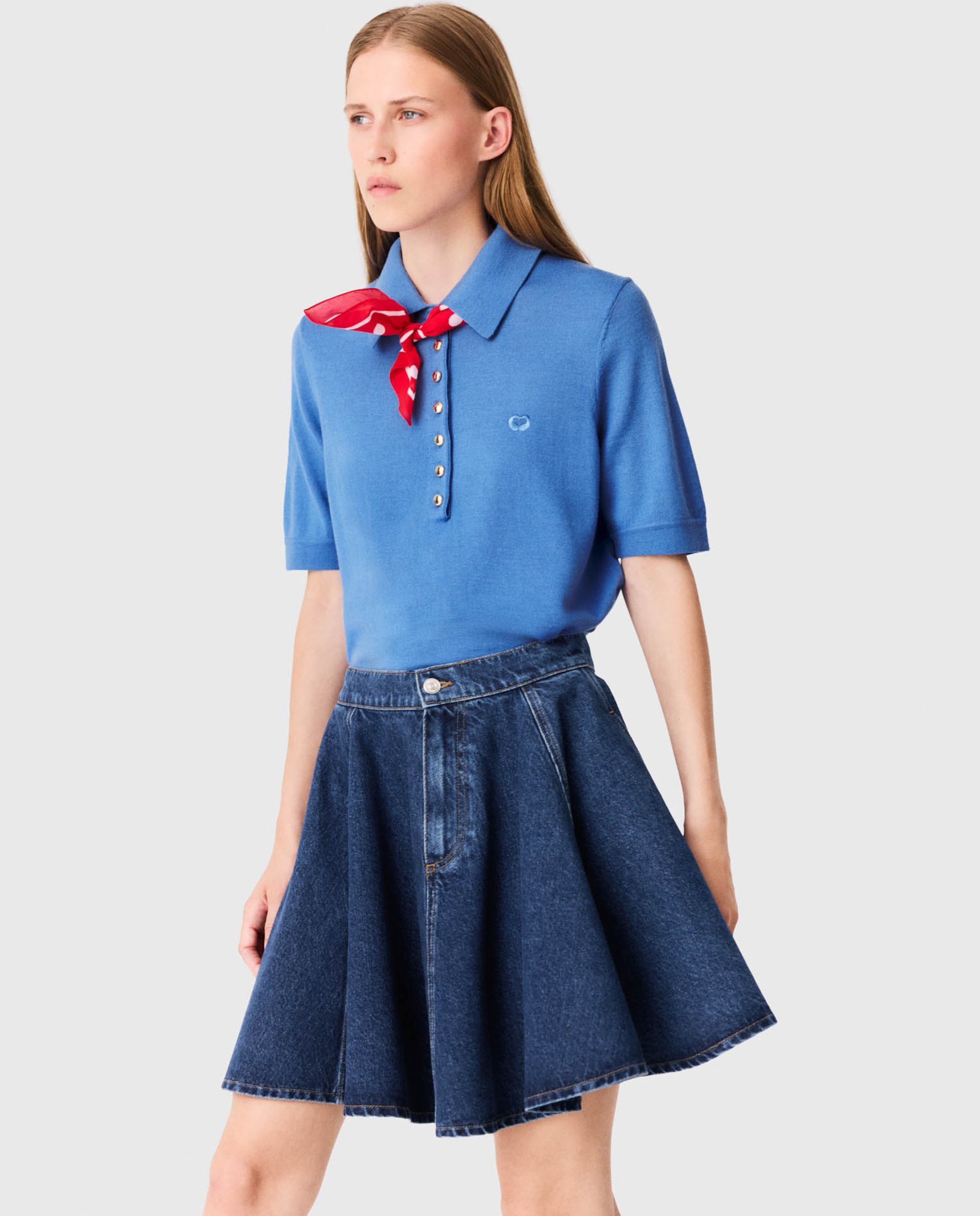 Falda corta skater de denim 100% algodón con cremallera delantera - Maje - Azul Azul-2