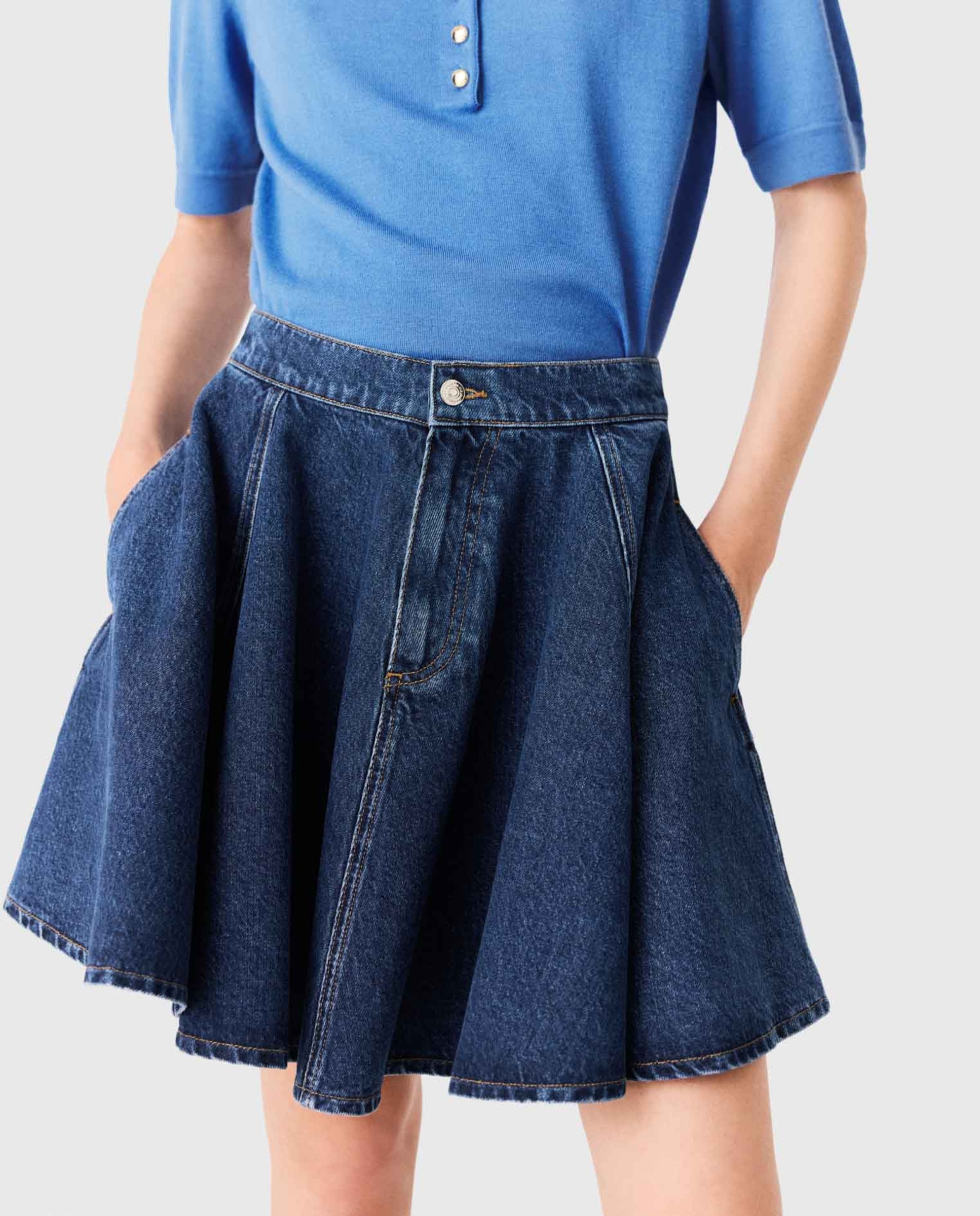 Falda corta skater de denim 100% algodón con cremallera delantera - Maje - Azul Azul-5