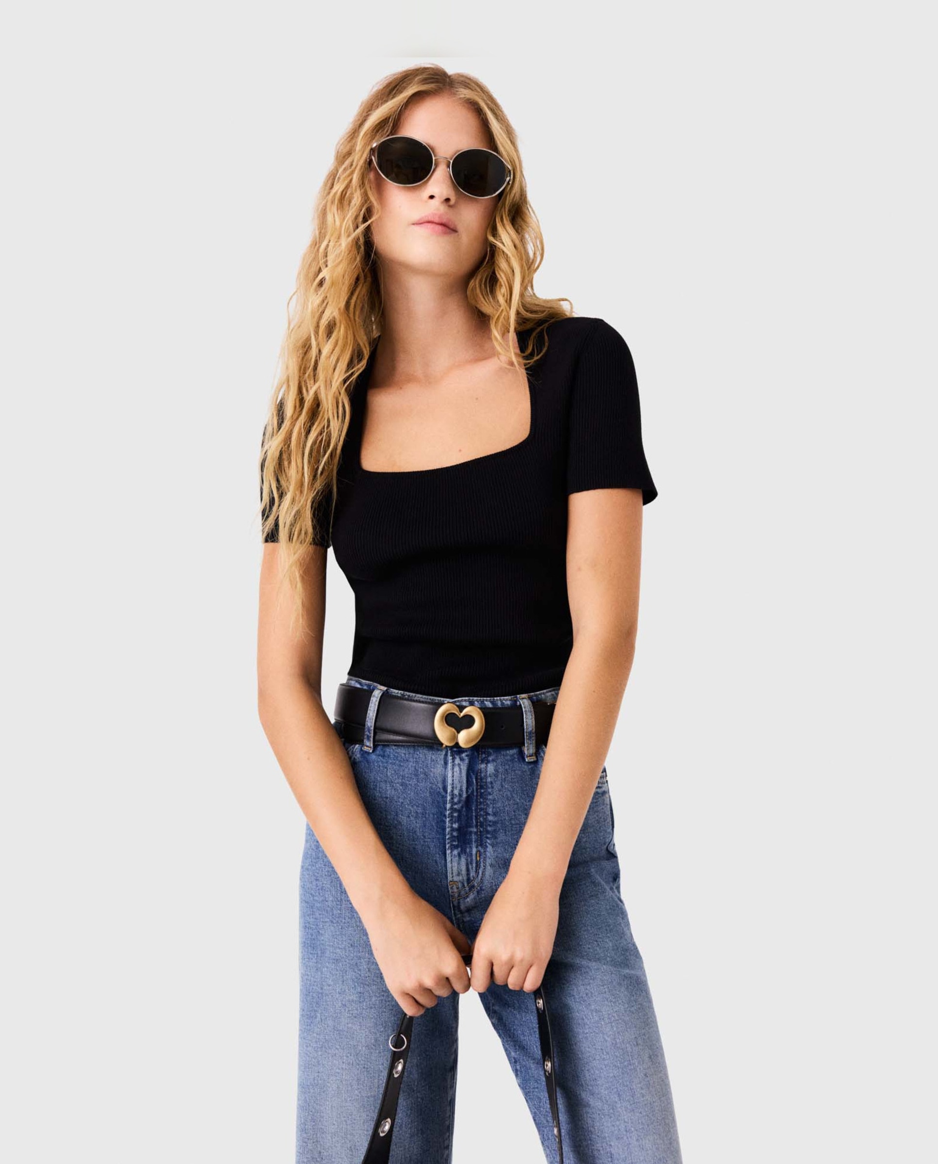 Jersey de mujer de algodón acanalado escote cuadrado - Maje - Negro Negro-1