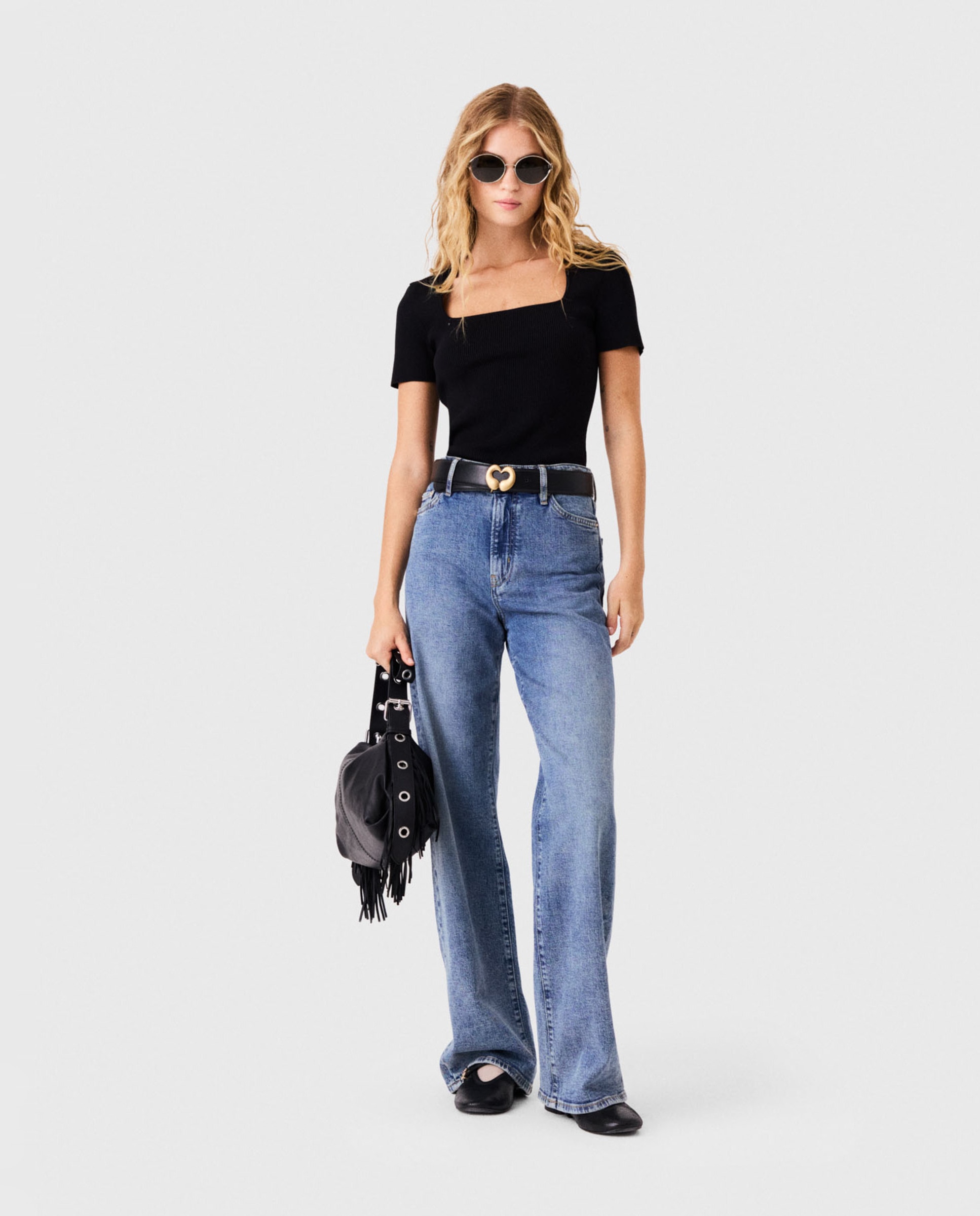 Jersey de mujer de algodón acanalado escote cuadrado - Maje - Negro Negro-4