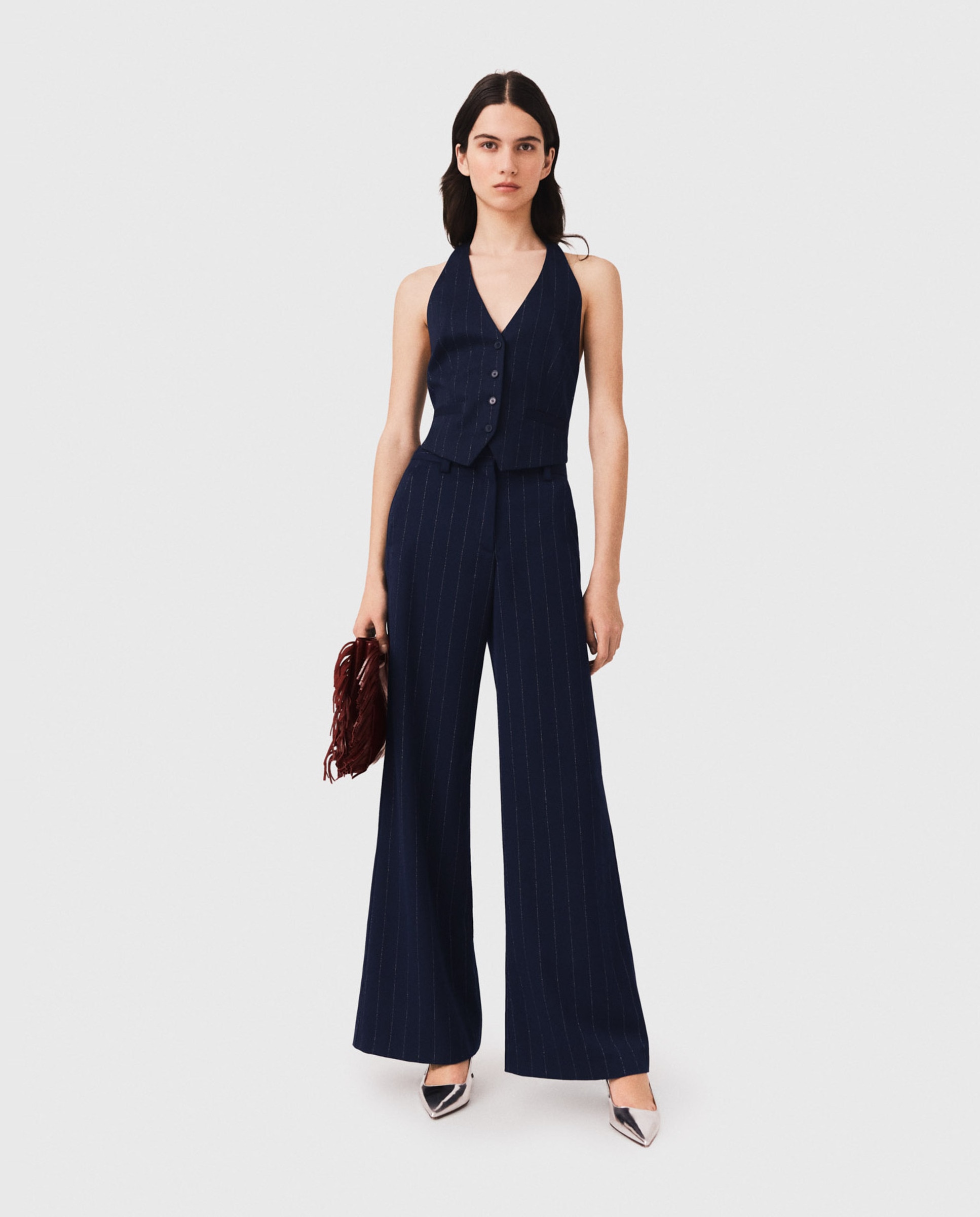 Imagen 0 de Pantalones anchos de mujer talle alto con pliegues Azul marino