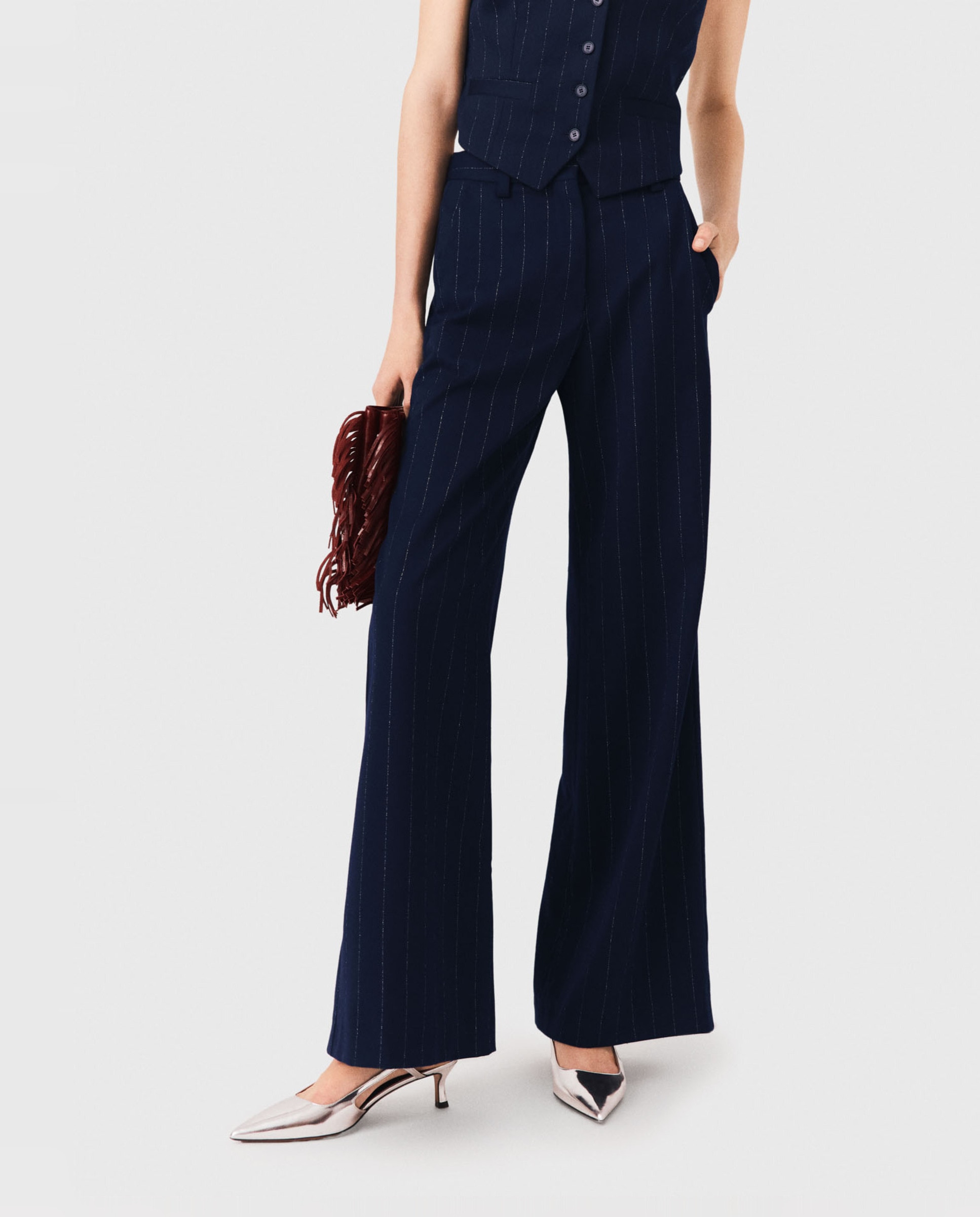 Pantalones anchos de mujer talle alto con pliegues - Maje - Azul marino Azul marino-2