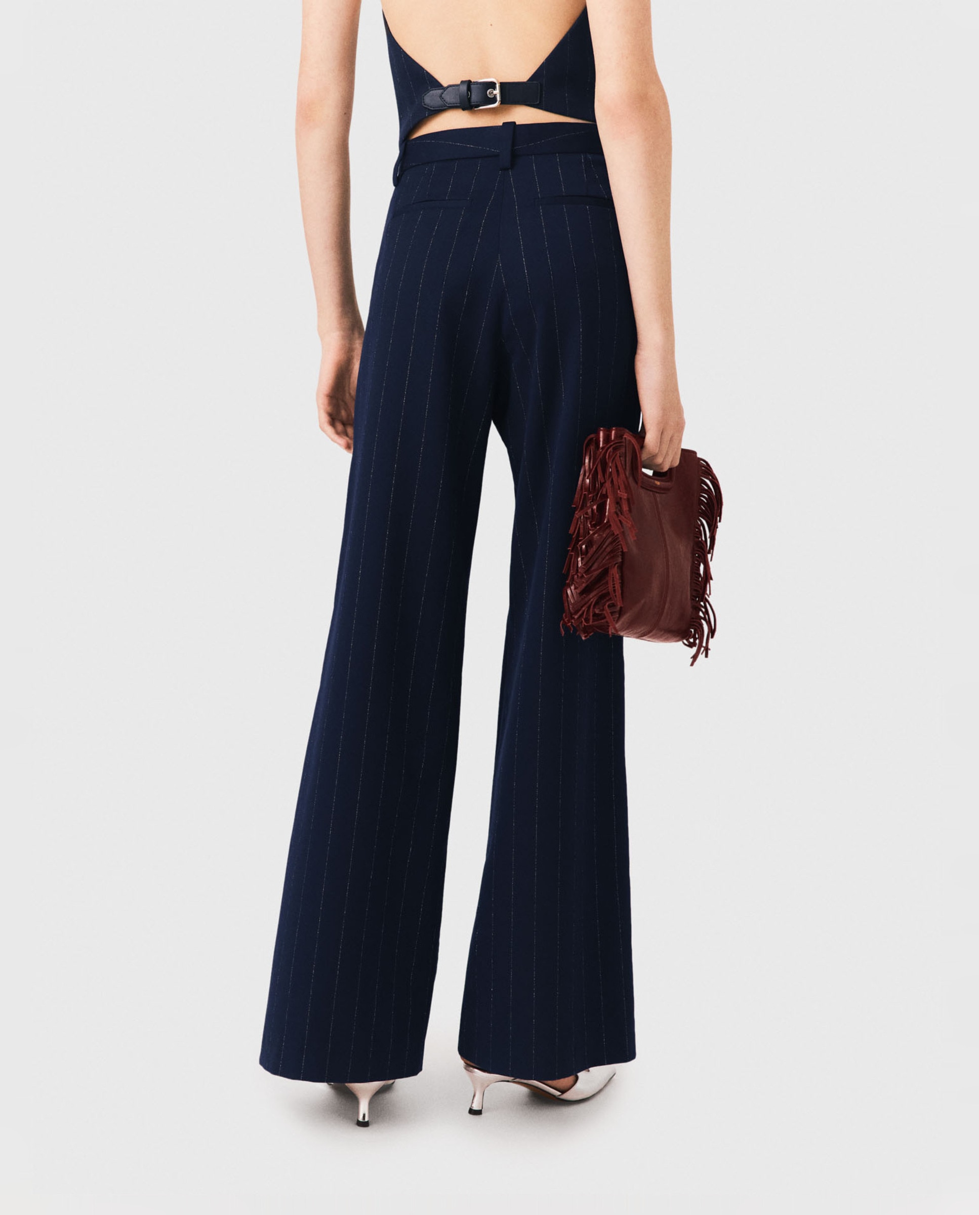 Pantalones anchos de mujer talle alto con pliegues - Maje - Azul marino Azul marino-3