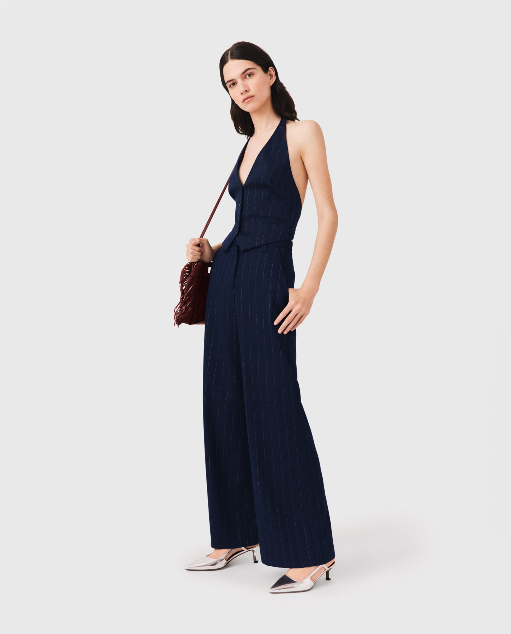 Pantalones anchos de mujer talle alto con pliegues - Maje - Azul marino Azul marino-5