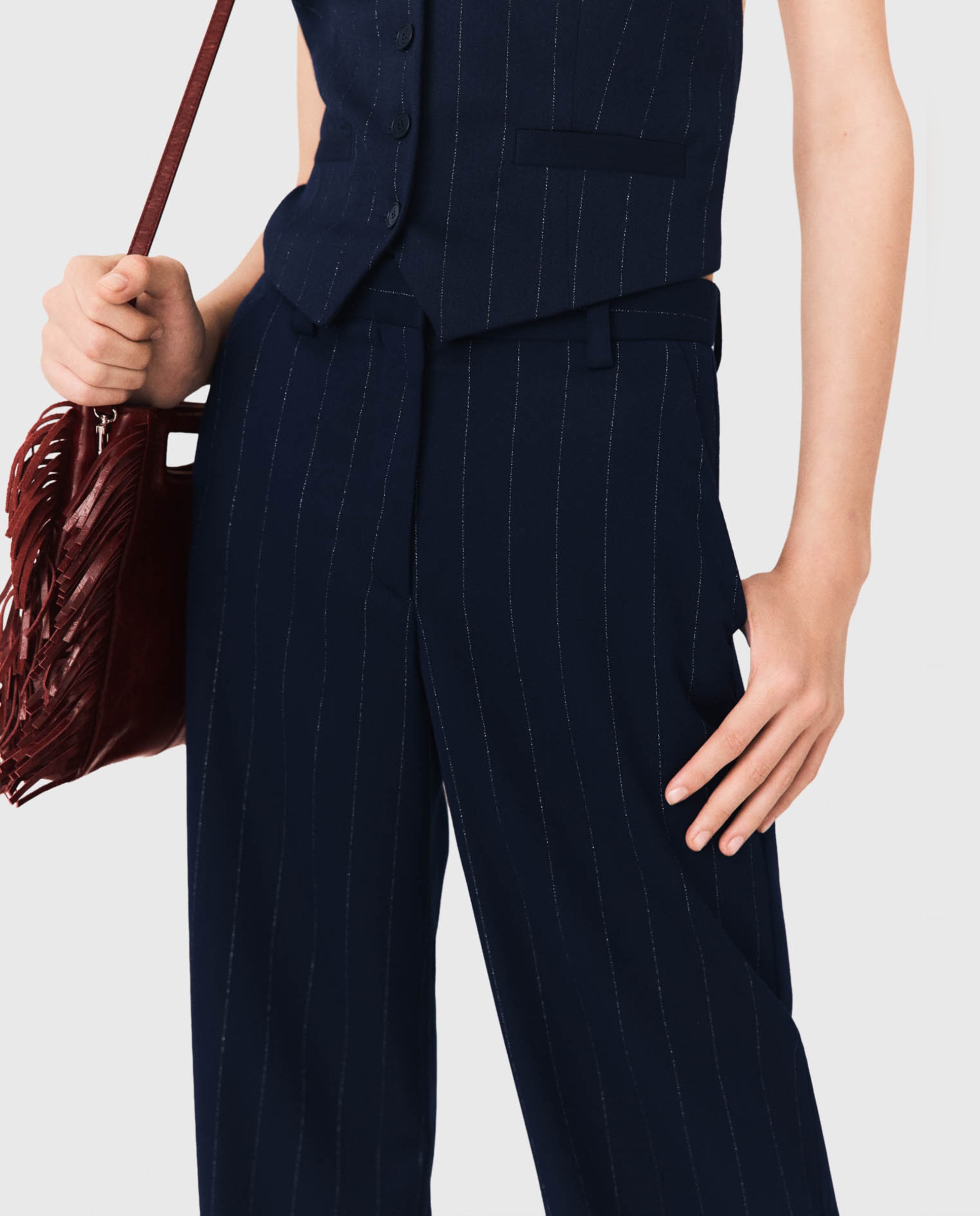 Pantalones anchos de mujer talle alto con pliegues - Maje - Azul marino Azul marino-6