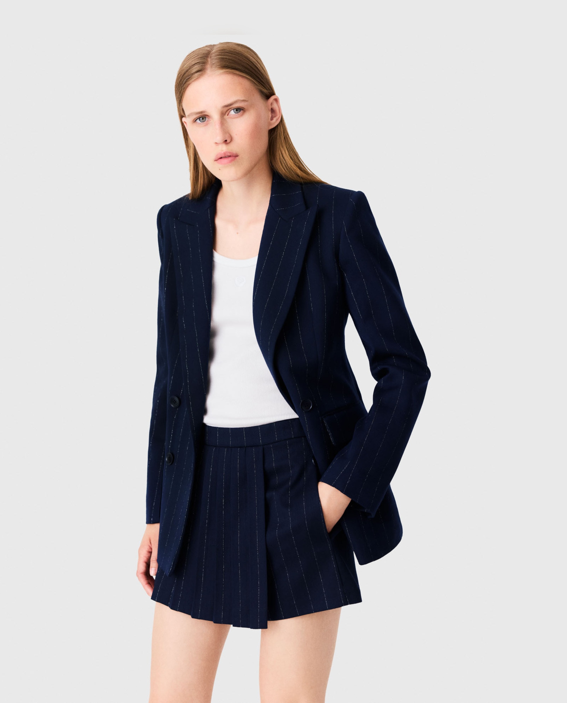 Pantalón corto de mujer sastre efecto falda con lúrex - Maje - Azul marino Azul marino-4