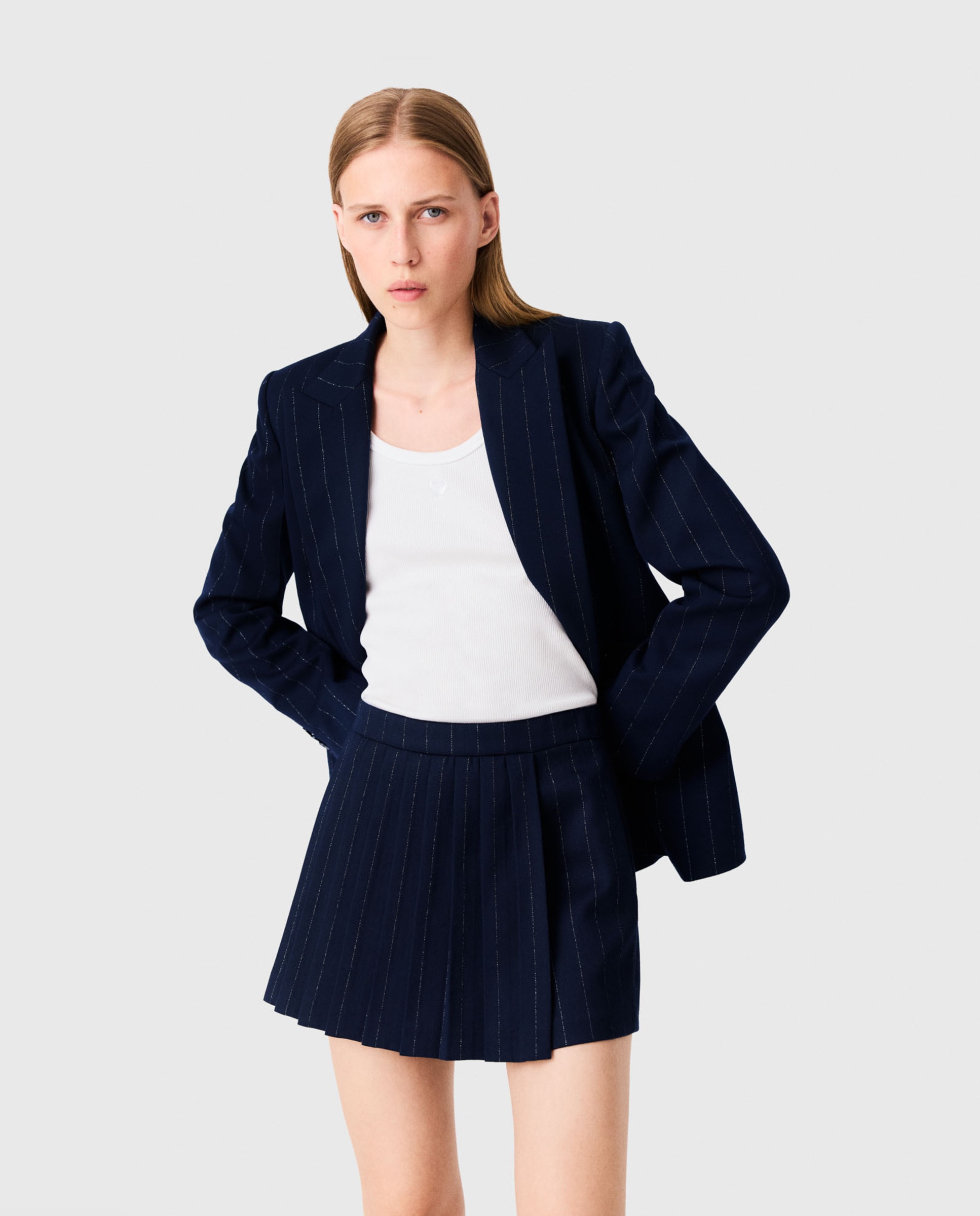 Pantalón corto de mujer sastre efecto falda con lúrex - Maje - Azul marino Azul marino-5