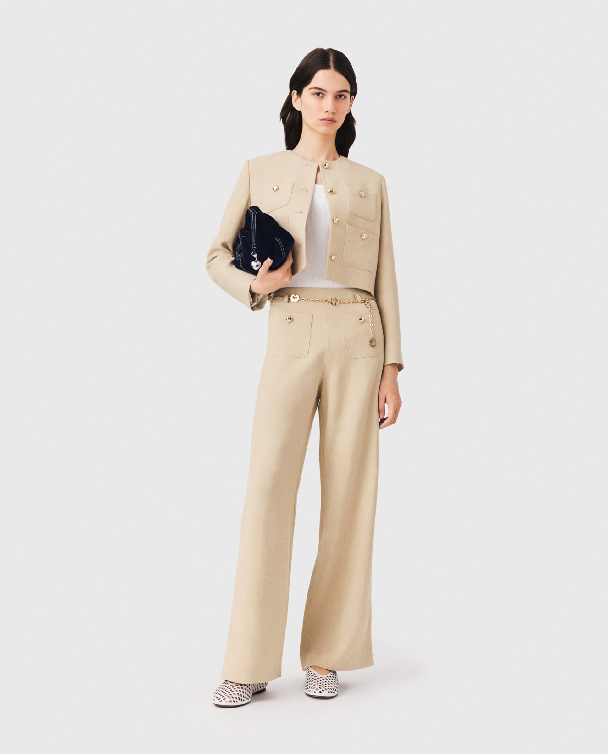 Pantalones anchos de mujer sastre con lino - Maje - Beige Beige-1