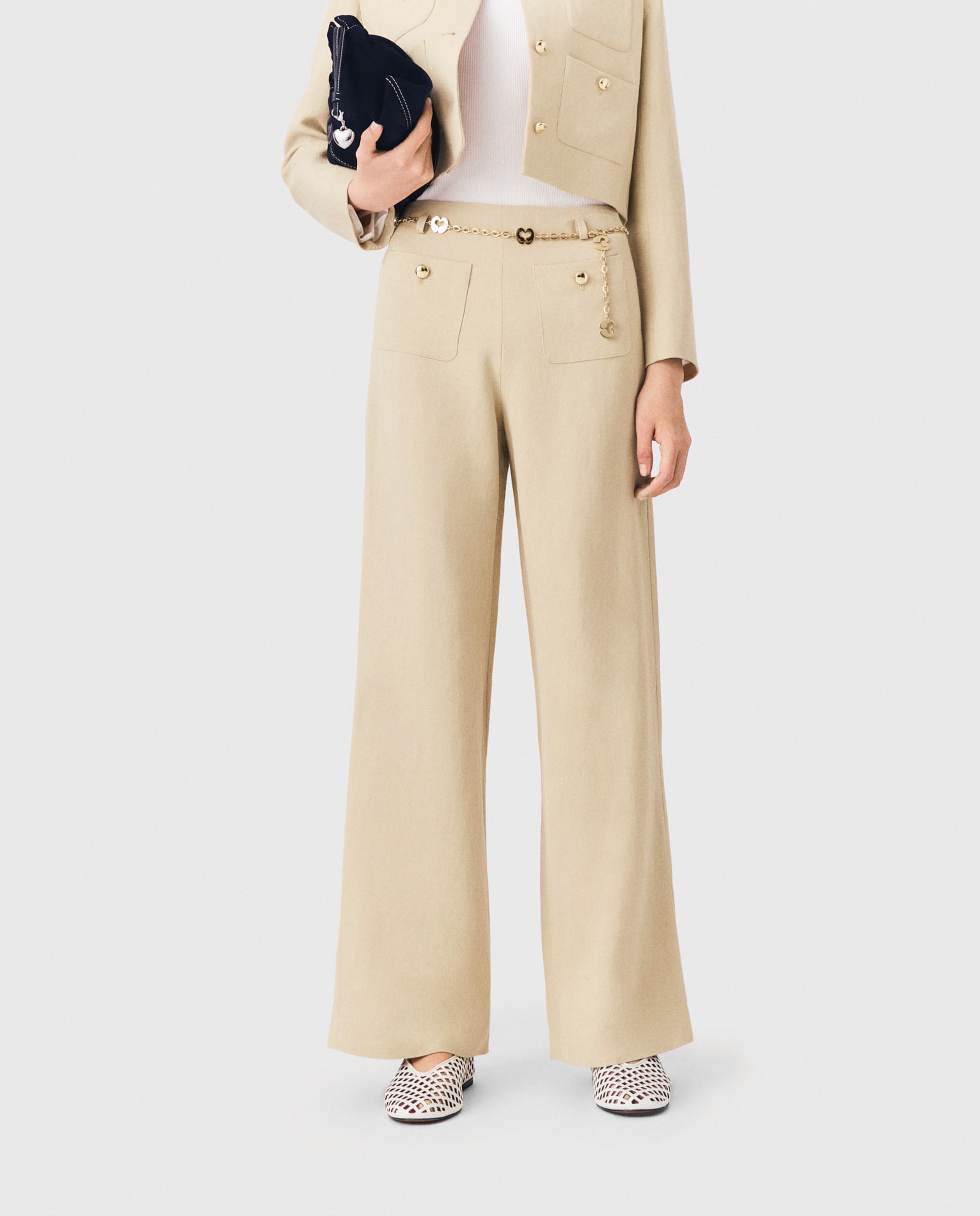 Pantalones anchos de mujer sastre con lino - Maje - Beige Beige-2
