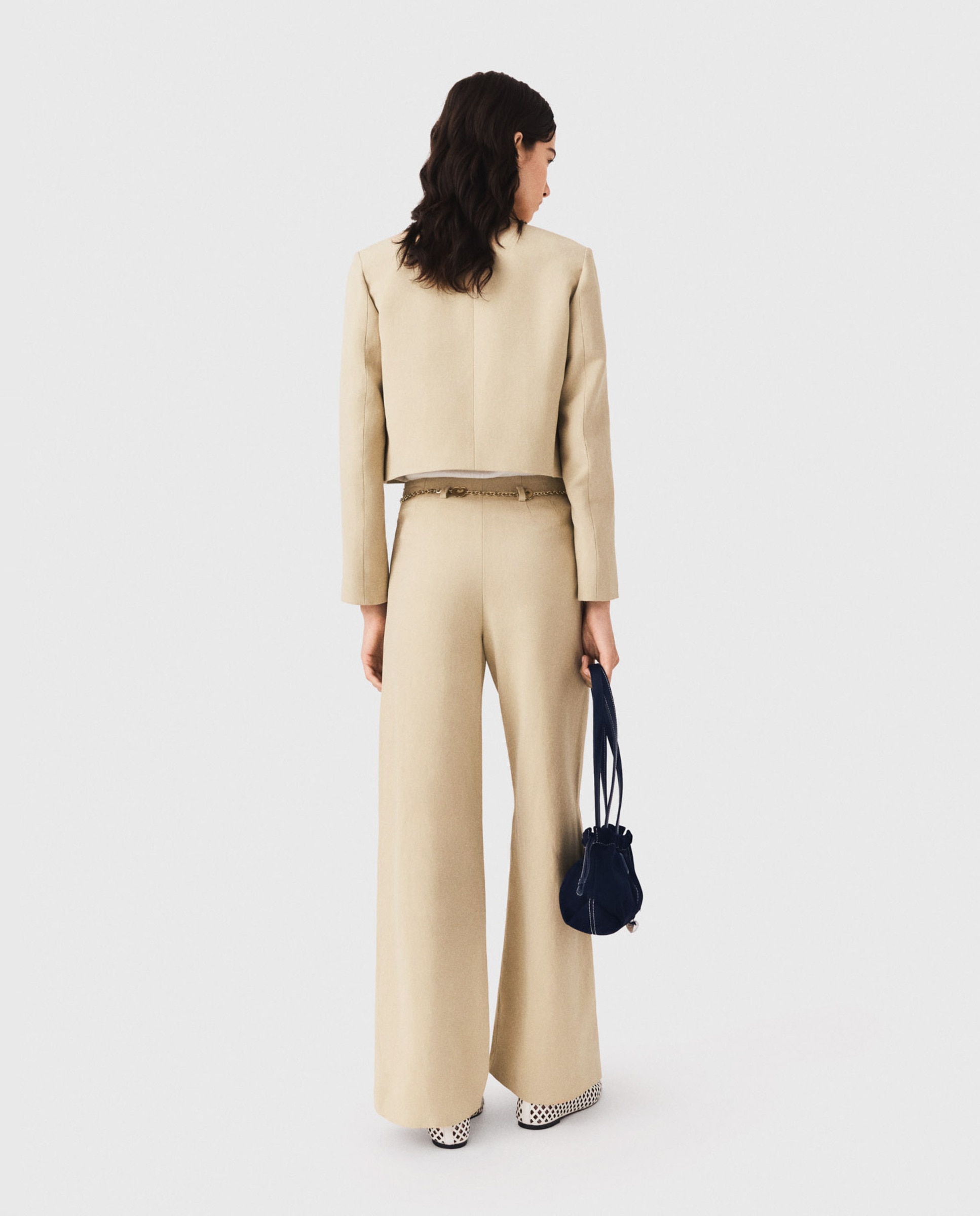 Pantalones anchos de mujer sastre con lino - Maje - Beige Beige-3