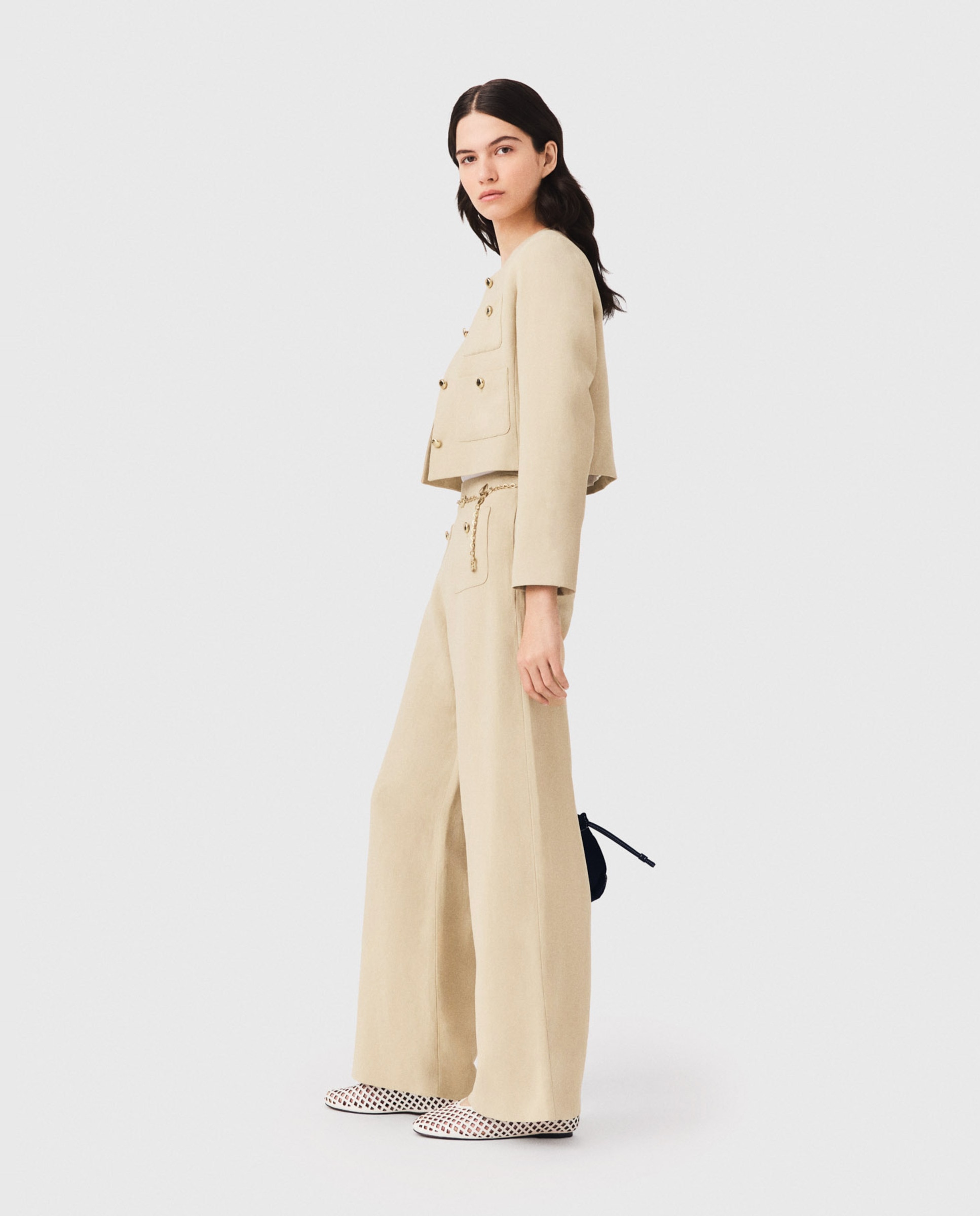Pantalones anchos de mujer sastre con lino - Maje - Beige Beige-4