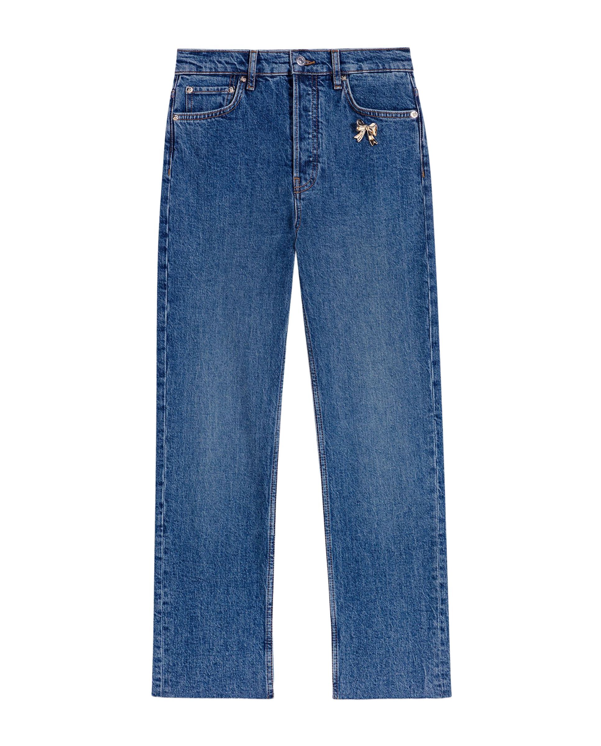 Vaquero pitillo de mujer con broche de lazo dorado y bajo deshilachado - Maje - Azul Azul-8